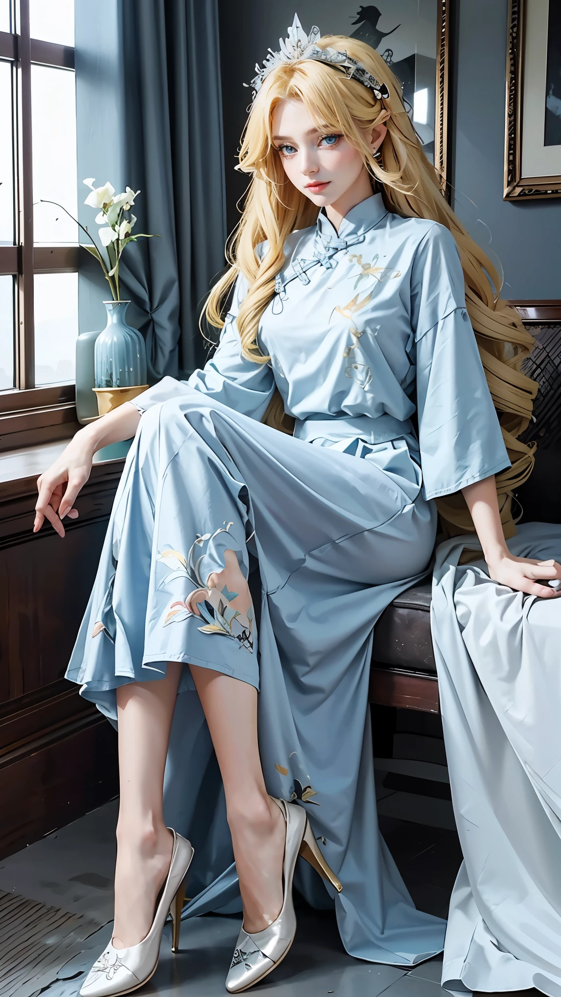 Best quality, masterpiece, ultra high res, raw photo, beautiful and aesthetic, deep shadow, fairy theme,(ultra detailed:1.3),
1girl, sitting pose, headdress, drill hair, long hair, blonde hair, gradient hair, yellow eyes, solo, huge breasts, big hair, blue hair, divine goddess, looking at viewer, indoors, modern bedroom, room full of curtain, astraea, full body, red chinese upshirt, birds printed chinese upshirt, white long skirt, birds printed long skirt