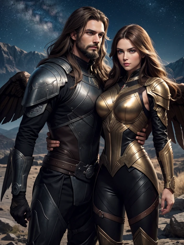 Man and Woman Couple. Devastatingly beautiful woman, with golden brown hair and sharp blue-gray eyes. She has full lips with defined features and a slim build. She has impeccable posture and is very tall, often described as a queen in her own right. War. Valkyrie. Look Warrior man with membranous wings. Hazel eyes. Shoulder length hair.  Muscular. Black leather combat suit exposed body part. square face. Wide shoulders. short beard. Marked muscles. 
background a three-pointed mountain on a starry night.
High Definition. 4k.
