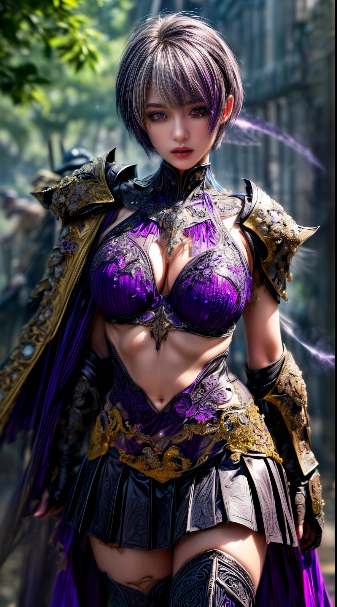 Very beautiful woman、Slender women、(Detailed face)、Realistic Skin、((Dark Knight)), (Dark purple:1.2)、((((Black armor with very fine and intricate decoration:1.5))))、((Delicate photo)),(Girl Astepeace RAW Photo Details:1.25), (highest quality:1.6), (超A high resolution:1.5), (Realistic:1.75), 8K resolution, Canon EOS R5, 50mm, Absurd, Ultra-detailed,Cinema Lighting,((battlefield))、((battle))、(((Dark grey skirt with embellishments)))、Thigh-high socks、Shin Guardulticolored Hair;1.2)、(Gradient Hair:1.2)、((Light gray hair:1.2))、((light purple hair:1.2))、((Pixie Cut:1.2))、(I can see your ripped abs)、Cape、Beautiful Armor、(((Has a huge weapon)))、(In combat)、((Armor with a bizarre and ugly design))、((((Purple Mist))))、(((Leading a large group of knights:1.2)))、Purple military flag、Tarantula-inspired armor、(((Battle Scene)))、(((Purple Tarantula)))、((Dark circles under the eyes))、((eye shadow))