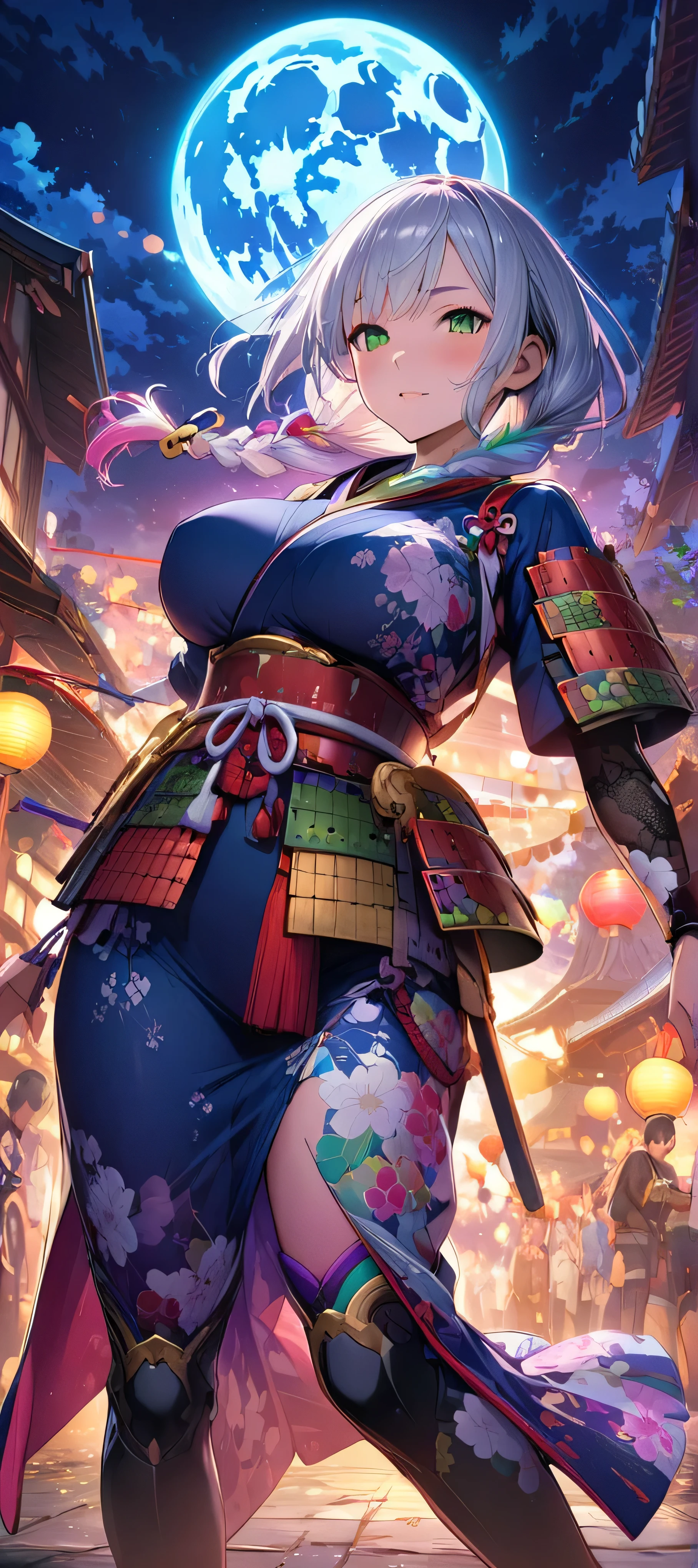 (masutepiece, of the highest quality, Best Quality, Official art, Beautiful and aesthetic:1.2), Extremely detailed,(Colorful:1.1),highest details, one arafed woman with braids white hair and pink tips and green eyes, big breast, sfw, japanese armor, night, big blue moon, japanese temple