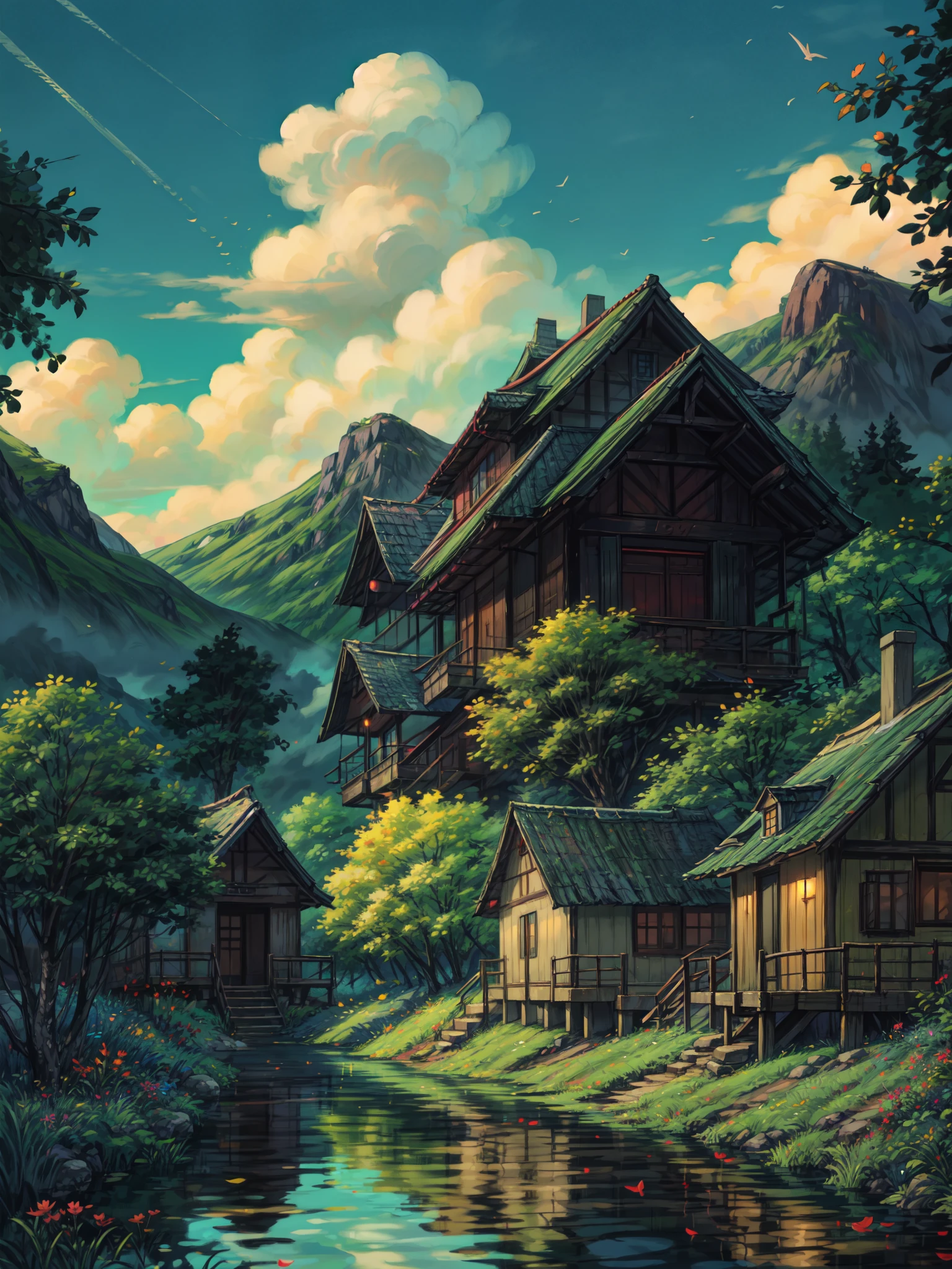 wide view, hut near a pond surrounded by trees, evening time, big banyan tree, autumn, reflection, flowery bushes, windy, jungle, greenery, stairs, norway, beautiful weather, windy, illustration, vibrant tones, shining clouds, thick lines, cozy tones, beautiful sky, ghibli style, outdoors, cozy atmosphere, micro landscape, intrinsic details