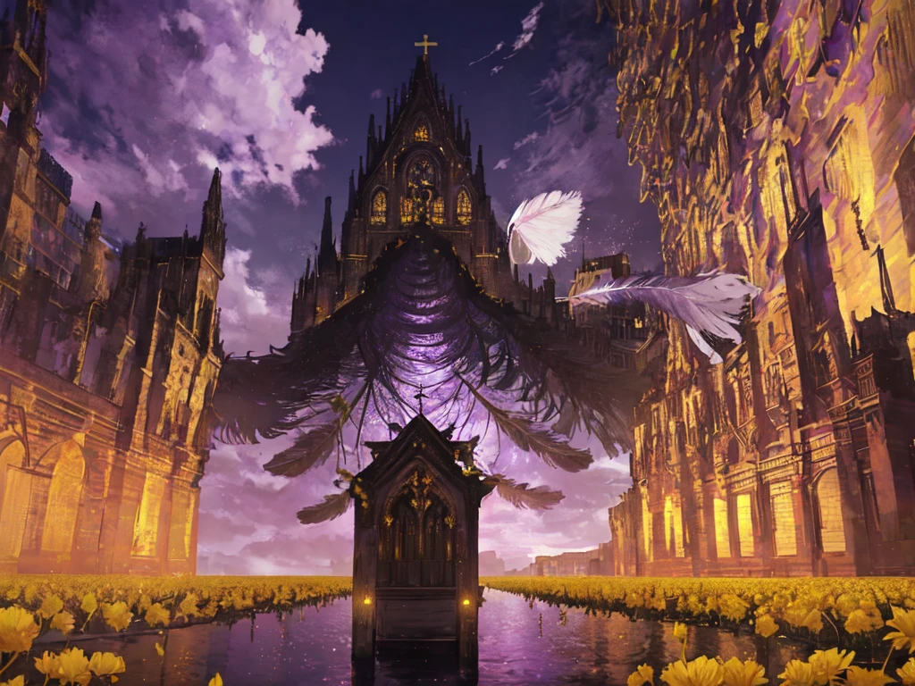 giant ((((cathedral made of feathers)))), wide FOV, unnatural sky, feeling of fear and tension, masterpiece, outdoors, ((purple sky)), ((yellow flower field)), (floating candles), (floating books), (HD Wallpaper), top quality