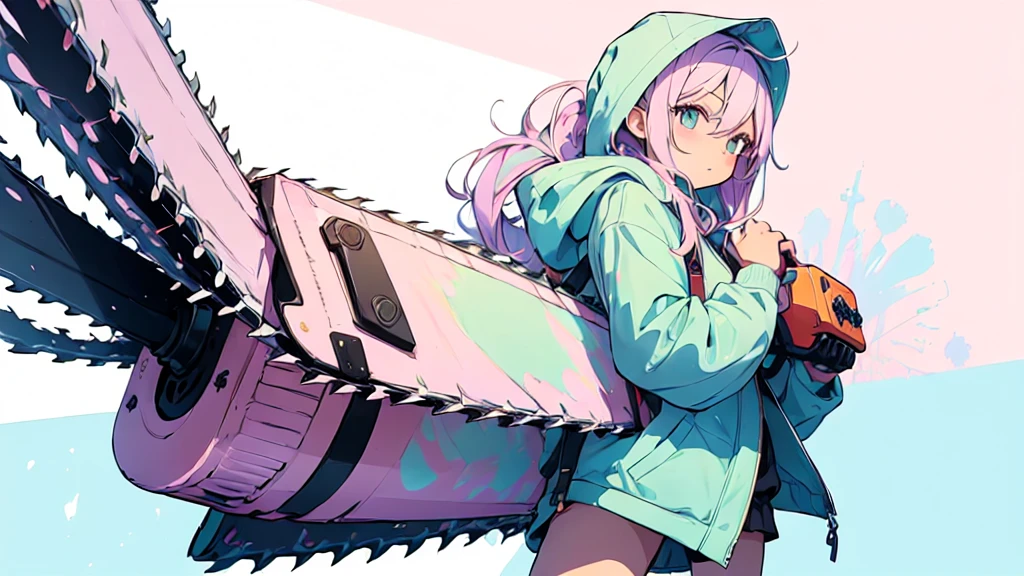 (cute illustration:1.5),(pastel color:1.5),(cute,kawaii,sweet:1.2),(watercolor:1.1),
1girl,solo,
oversized hooded jacket,
full body,open stance,
BREAK
(chainsaw:1.2)
(extremely huge chainsaw in hands:1.6),
(huge cute weapon , huge kawaii weapons:1.2),
BREAK
simple background,
bold outline,flat color,fine outline,pink outline,
nice hands, perfect hands,