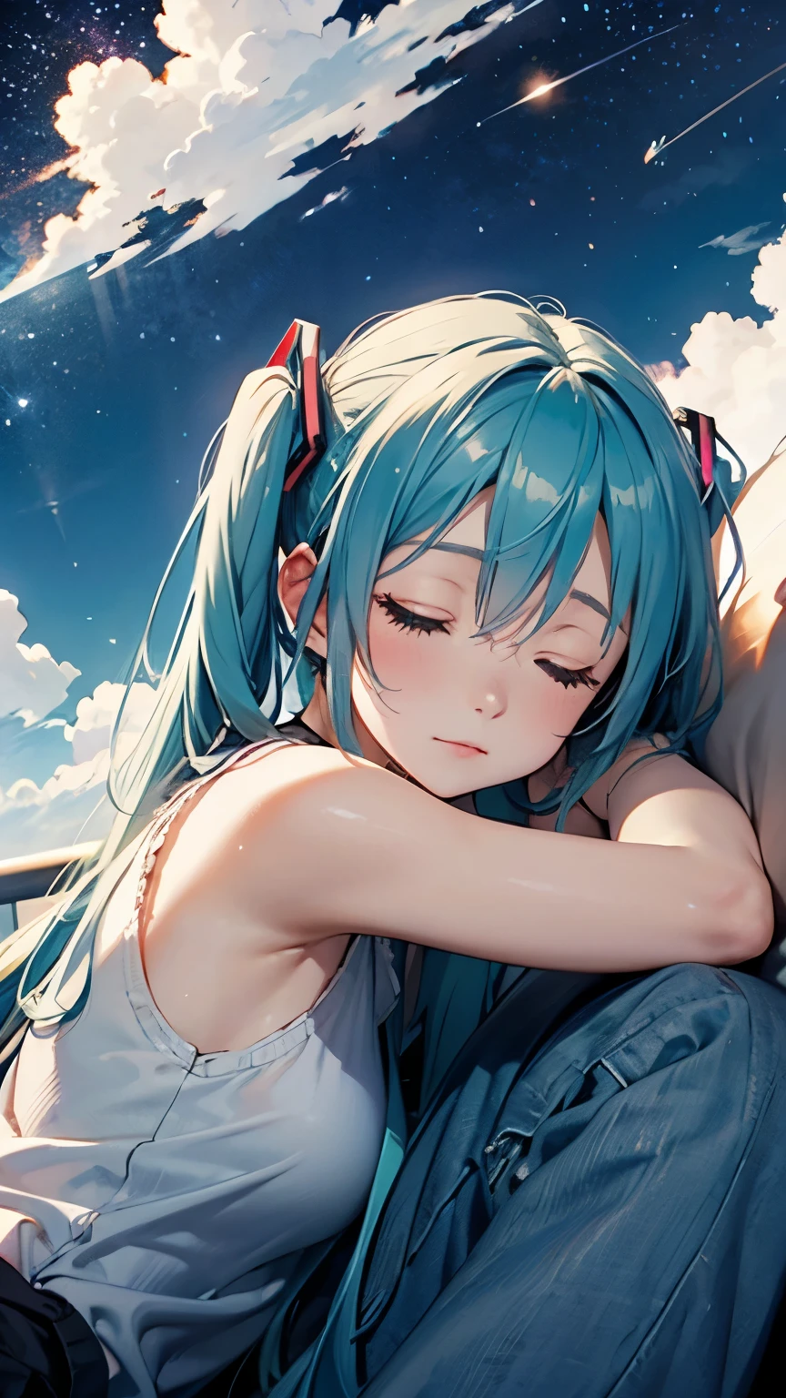 Hatsune Miku as a sleeping on a cloud、Starry Sky