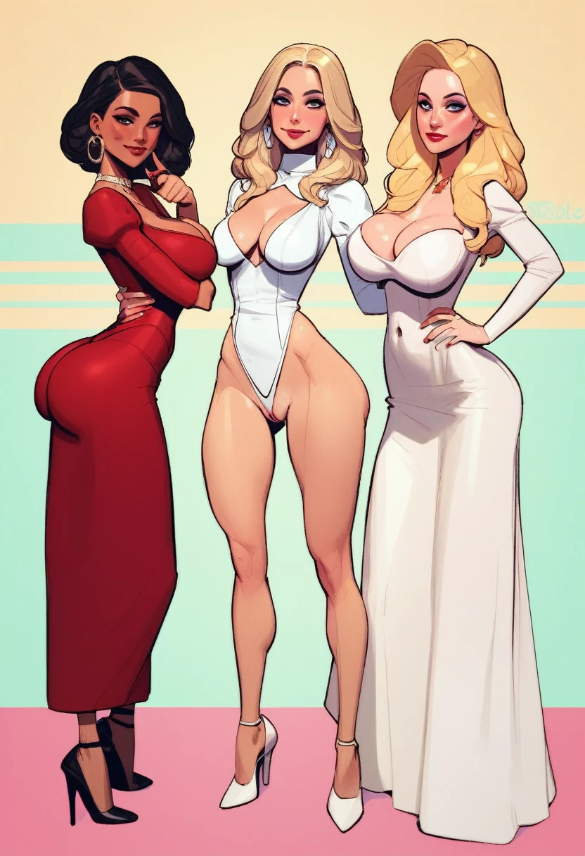score_9, score_8_up, score_7_up, rating_explicit, 3women,(in center, 1woman is tall big mature 36yo dark hair woman with big round natural sagging breasts and curvy body), (on each side, 2 other women are 18yo shorter skinny with medium breasts and blonde hair and ponytail, cleavage, underwear, highleg-thong, looking at viewer , lips, makeup, lipstick, high heels, small waist, bubble butt, pale skin, beautiful face, cute face, light makeup, light blush, red lipstick, high heels shoes, perfect fat pussy, elegant, regal, raised chin, pinky nose, small round gold earrings), standing, presenting body, showing tits, showing pussy, horny, welcoming , (long straight toned legs), cleavage, noble woman, seductive look, sexy woman, looking at viewer, noble Victorian dress, Richly detailed outfits with lace patterns and gold elements, jewelry, (size difference), 1woman in center above 7ft height and 2 other women 6ft height, center woman have vicious evil smiling face expression and 2 other women have modest shy facial expression, ((podium), (fashion shot)), (highly detailed), detailed face, full body, score_9, score_8_up, score_7_up,