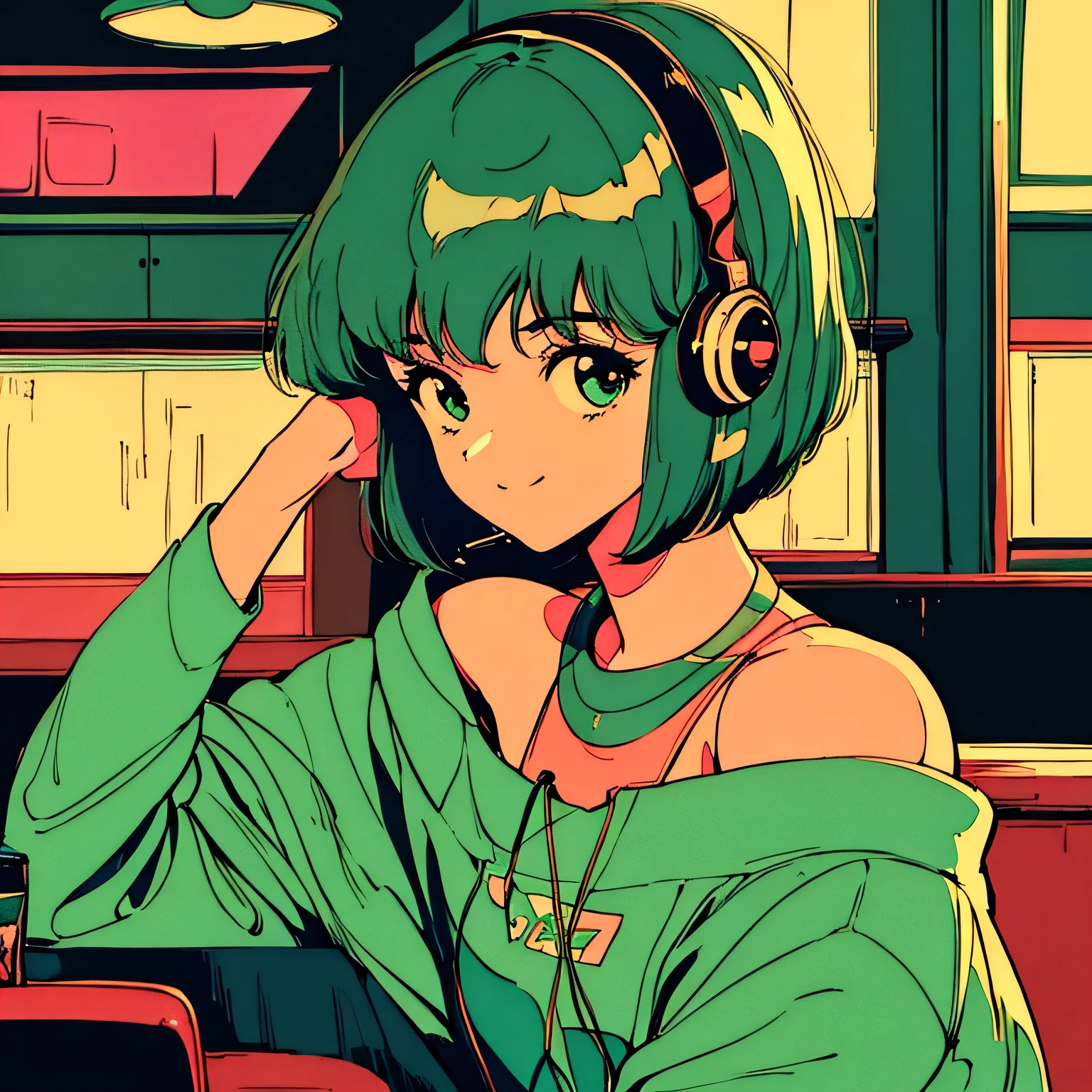master piece, City Pop style, Japan, Green Hair, fluffy bob cut, wearing headphones, shoulder length, alone, Futuristic, yet, lofi, retro, vintage, Ghost, light smile, drinking cocktails at a jazz bar, (( wide shot)),