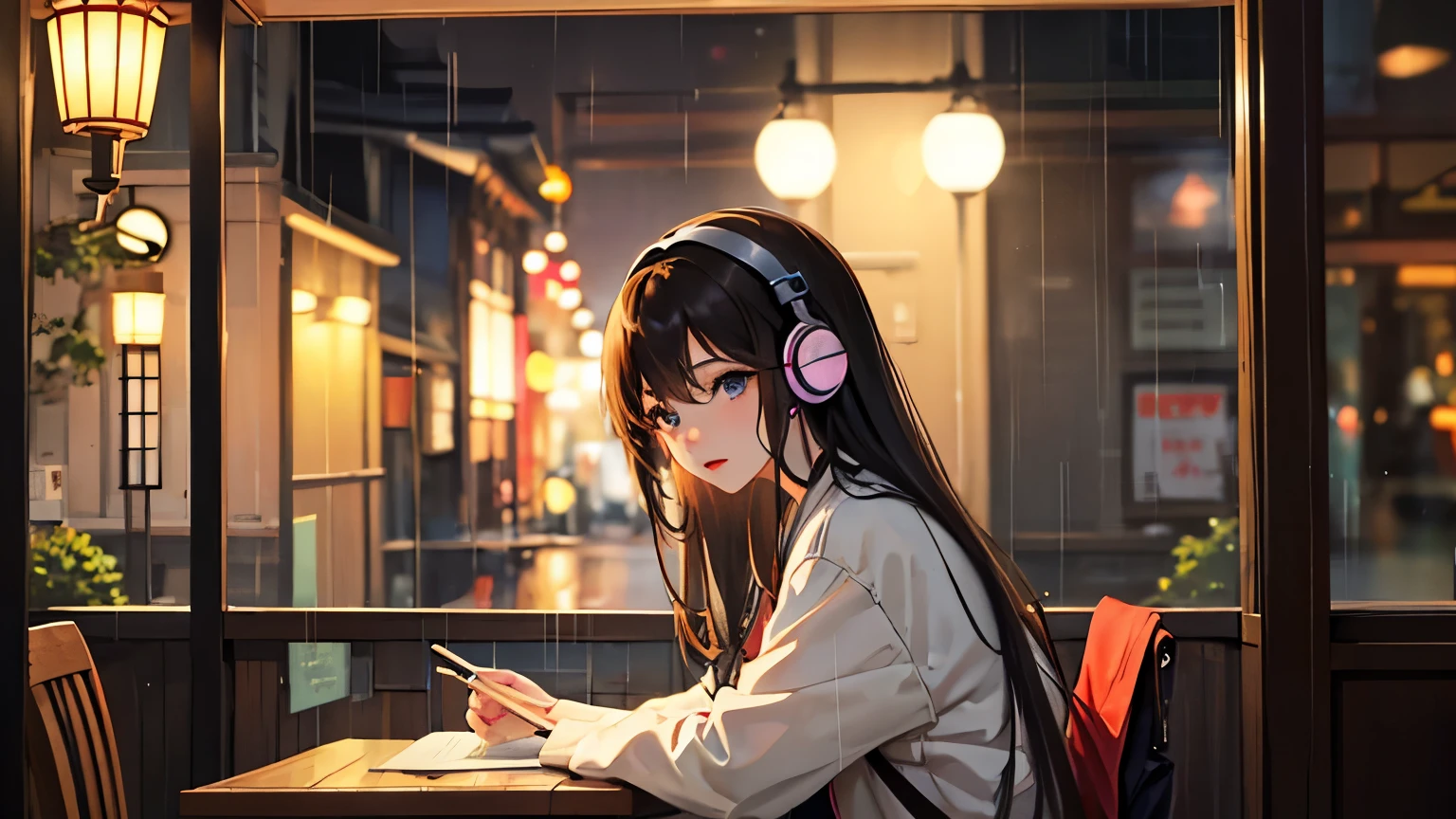 Beautiful girl studying while listening to headphones in a cafe。Rain is falling from the cafe window and people are passing by with umbrellas々I can see。Warm lighting。Japanese anime style。