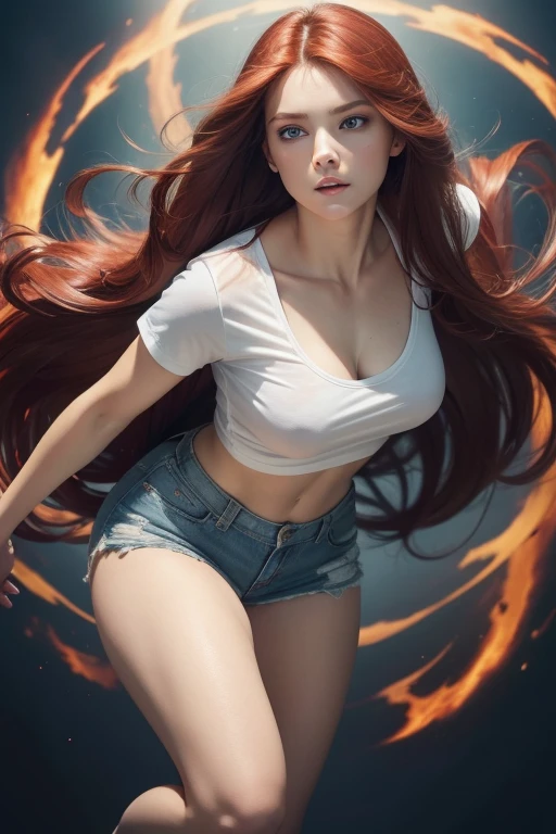 ((Best Quality)), ((Masterpiece)), (Detailed: 1.4), 8k, 1girl, blue eyes, red hair, very long hair, silky hair, big chest, slim waist, big body, defined body, thick thigh, well defined thigh. Wearing ripped micro shorts, babylook t-shirt. A concentration pose looking seriously at the viewer, low angle, view from the ground. Emitting a huge aura enveloping the entire body, a whirlpool of immense power enveloping the entire body, ki charge, intricate white aura with red aura.