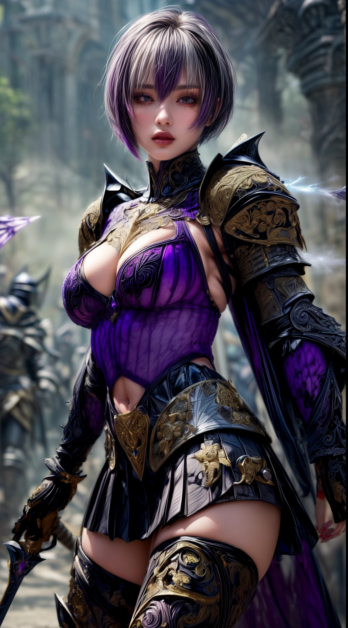 Very beautiful woman、Slender women、(Detailed face)、Realistic Skin、((Dark Knight)), (Dark purple:1.2)、((((Black armor with very fine and intricate decoration:1.5))))、((Delicate photo)),(Girl Astepeace RAW Photo Details:1.25), (highest quality:1.6), (超A high resolution:1.5), (Realistic:1.75), 8K resolution, Canon EOS R5, 50mm, Absurd, Ultra-detailed,Cinema Lighting,((battlefield))、((battle))、(((Dark grey skirt with embellishments)))、Thigh-high socks、Shin Guardulticolored Hair;1.2)、(Gradient Hair:1.2)、((Light gray hair:1.2))、((light purple hair:1.2))、((Pixie Cut:1.2))、(I can see your ripped abs)、Cape、Beautiful Armor、(((Has a huge weapon)))、(In combat)、((Armor with a bizarre and ugly design))、((((Purple Mist))))、(((Leading a large group of knights:1.2)))、Purple military flag、Tarantula-inspired armor、(((Battle Scene)))、(((Purple Tarantula)))、((Dark circles under the eyes))、((eye shadow))