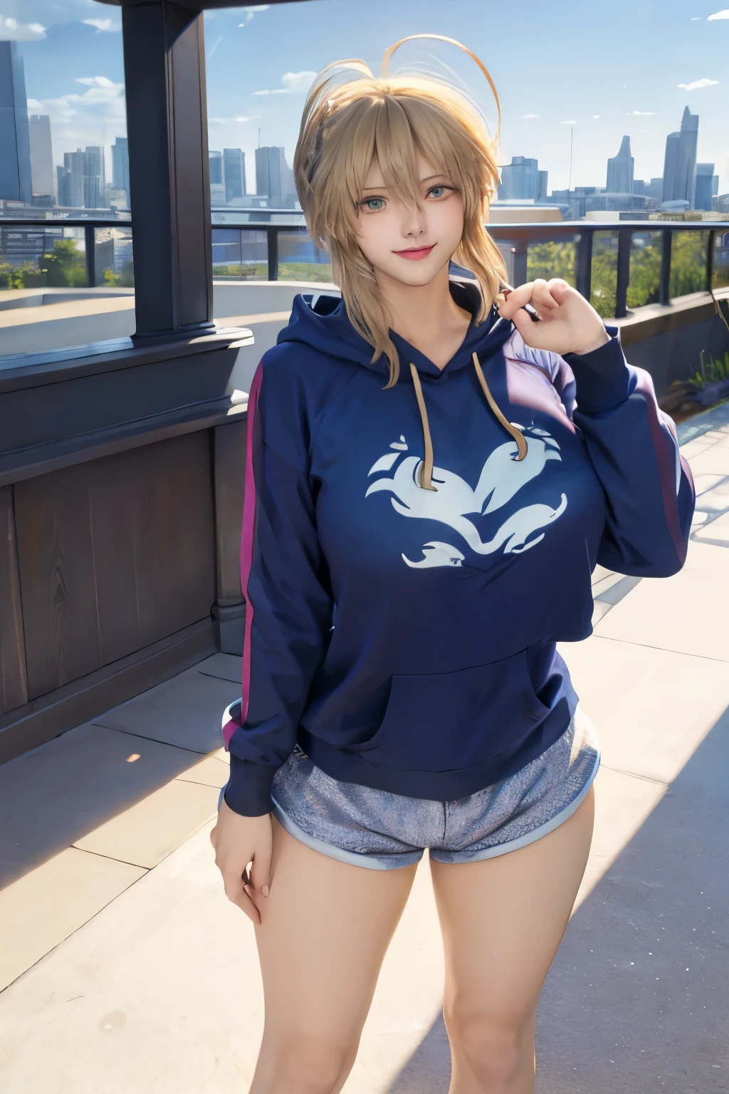 masterpiece, highest quality, Artoria Lancer, Braiding, Huge breasts, Purple hoodie, Are standing, null, Cityscape,, View Viewer, smile,dolphin shorts