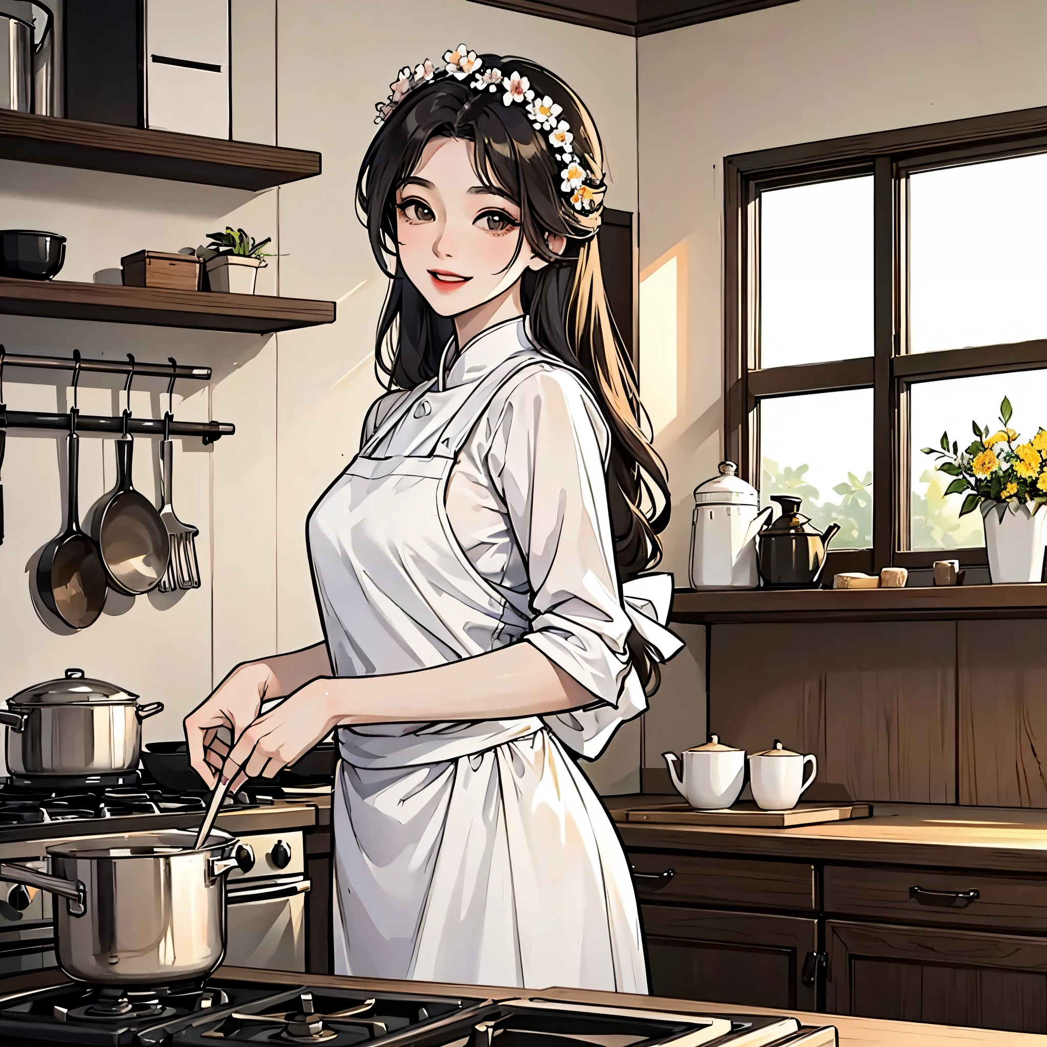 People at the center,Best illustrations ,Asian woman ,Beautiful 30s,wearing a flower crown, Sophisticated ,simple,Modern interior,Large kitchen,organic,Cooking,smile,daily