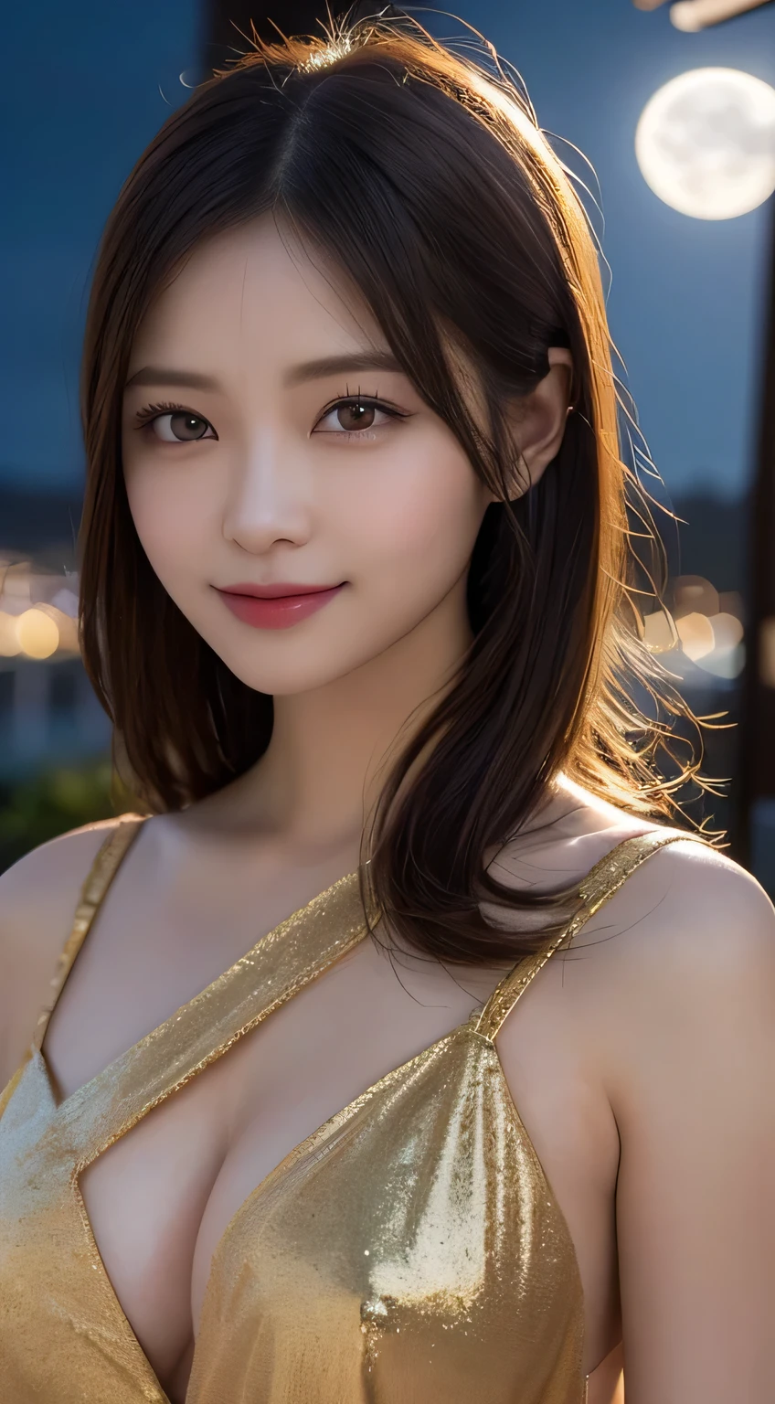 Kimono beauty, body portrait, 8k, thin and beautiful eyes, Dindal effect, masterpiece, top quality, high quality, high resolution, very detailed photo, (natural skin texture, fine skin, hyper realism, super sharpness) , high detail skin, (very fine, fine skin texture, intricate details, beautiful face, (real-like face), realistic eyes, beautifully detailed eyes, realistic skin, beautiful skin, surreal, Highly detailed, golden ratio, smiling eyes, ((night moonlight background)), body portrait, G cup, big breasts, huge breasts, big breasts, glamorous, shiny bodysuit