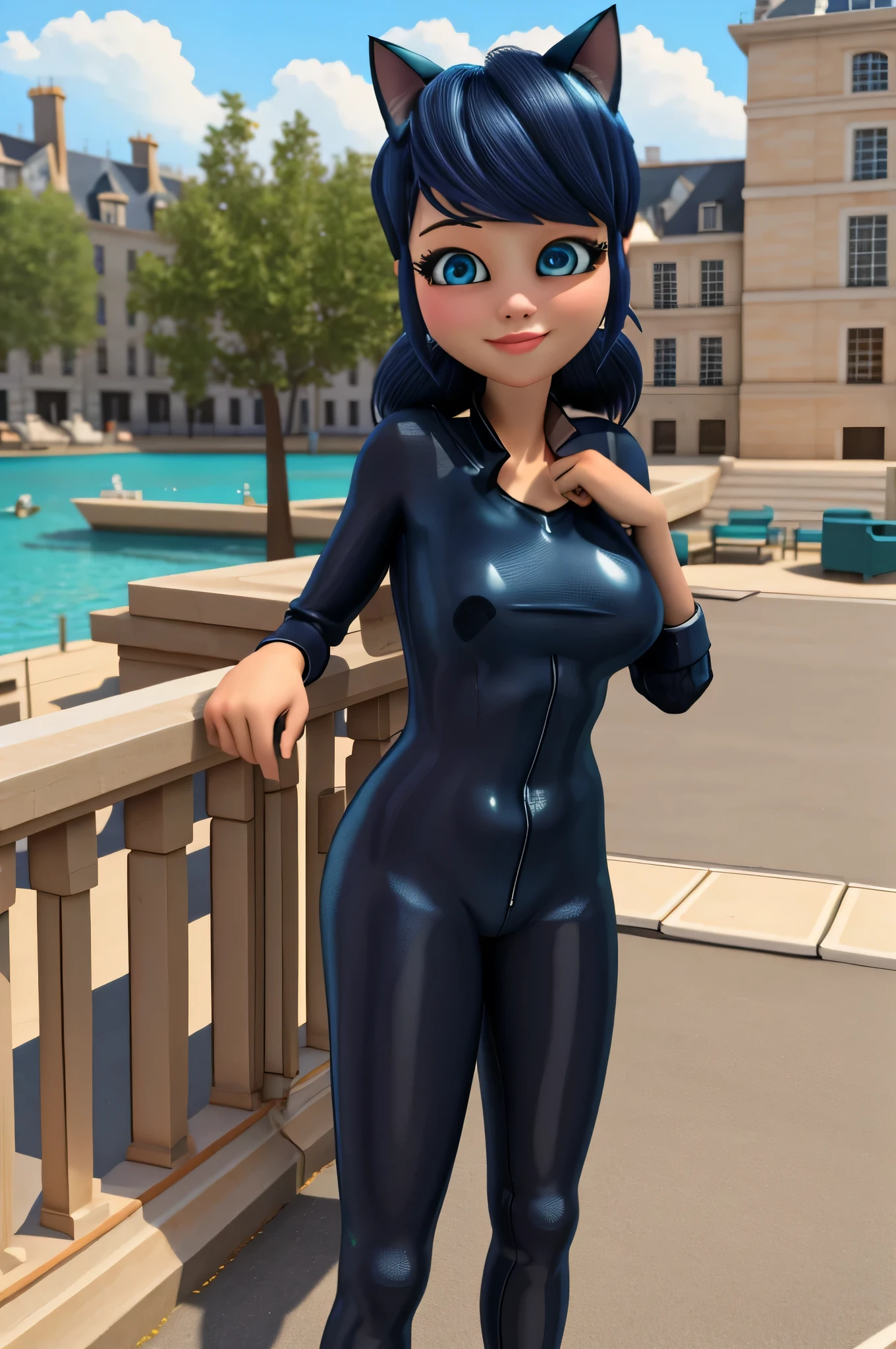 Highres, Masterpiece, Best quality at best, Best Quality, high quality, high detailed, blue eyes, perfect face, perfect lighting, beautiful, (masterpiece:1.2), (best quality:1.2), 1girl, solo, Marinette, cat ears, blue hair, (( super long hair)), adult torso, 19 years old, slight smile, huge sized breasts, (black catsuit), cowboy shot, 3DMM, standing, front view sexy