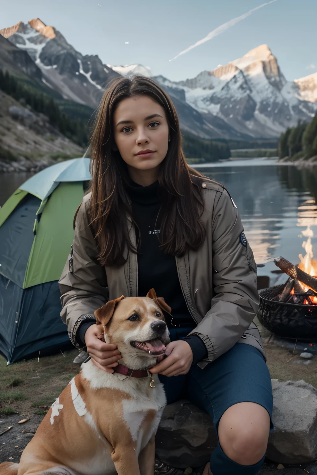 Outdoor Camping, 1girl, solo, long hair, brown hair, long sleeves, holding, fingerless gloves, sitting, jacket, outdoors jacket, coat, animal, a dog, tent, campfire, beside river, mountain, blue sky, day, realistic,