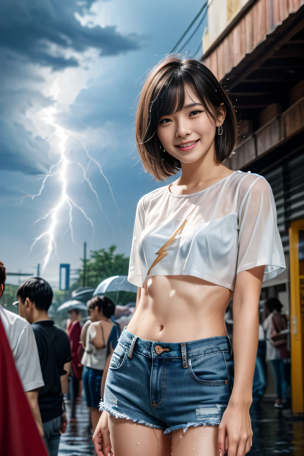 1 Japanese beautiful girl,28yo girl, Super beautiful detailed face, (smile:1.4), earrings, (brown very short pixie hair over one eye with parted bangs:1.3),(front view), (medium shot), (chubby body), (neutral-colored large areola),nipples, BREAK, masterpiece, best quality, ultra quality, high quality, realistic, photo realistic, RAW photo, hyper detailed, intricate detaile,(crowded street:1.3),cinematic lighting,(denim shorts),(no bra),wetshirt,white T-shirt,(wet hair),(wet clothes), ((dark cloud and sky)), raining, (rain filtered), (rain splashes in water),(lightning:1.4),(raindrops:1.1),(downpour:1.2),(raining:1.3),(nipples poking through shirt),