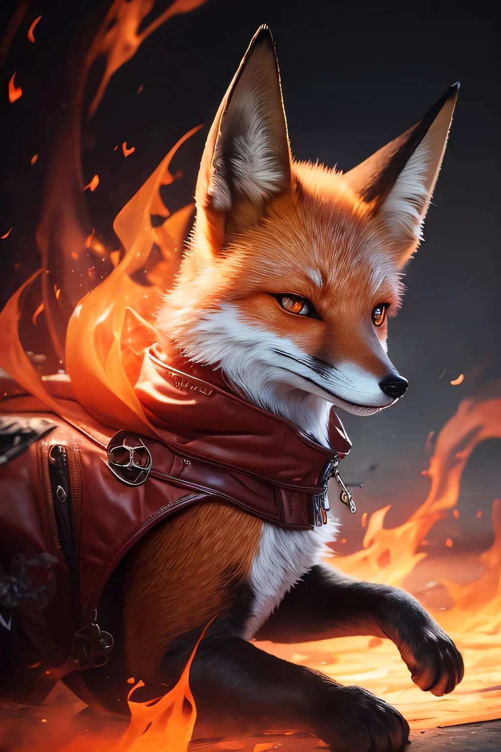 Fox Demon,animal,down jacket,Foxfire Curse,Familiar fox,Dreamy atmosphere,The most beautiful form of chaos,Perfect expression,Perfect angle,Perfect manners,masterpiece,Perfect lighting,Charming smile,grace,Handsome,Foxfire Curse on down jacket,Fox Demon raised his hands, flame magic shone in his furry hands,
