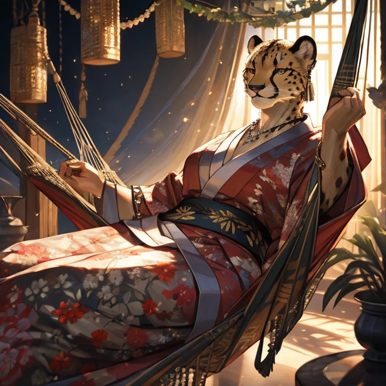 fat female cheetah, hammock, kimono, silver bracelets, silver necklace, silver earrings, detailed face, affectionate expression, detailed eyes, detailed nose, detailed lips, resting cheetah, realistic, photorealistic, ultra-detailed, 8k, best quality, masterpiece, cinematic lighting, dynamic composition, warm color palette, glowing fur, intricate patterns, flowing fabric, no hair