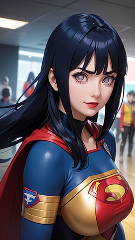 a close up of a person with long hair and a superman super hero costume, hyuga hinata, hyuga hinata from anime naruto shippuden, as an anime character, perfect anime face, she has dark blue hair with bangs, female anime character, anime character, anime best girl, hime cut hairstyle, dark blue hair, wearing a superman super hero costume, (red glossy lips:1.3), white eyes, byakugan eyes, smile, realistic, wear superman super hero clothes, ultra detail, city background, (beautiful face:1.3)