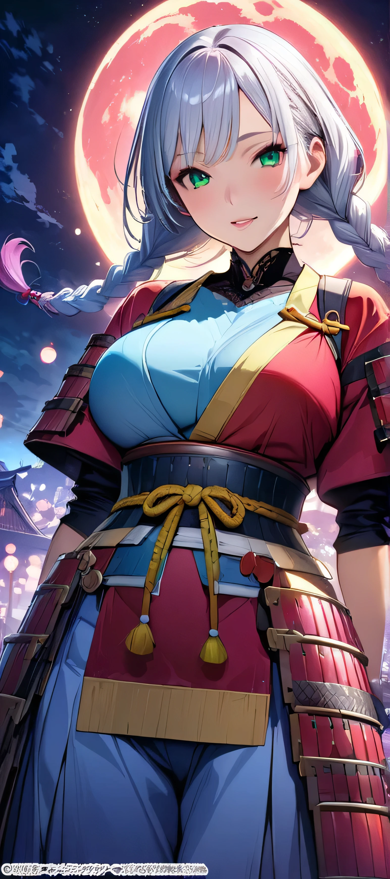 (masutepiece, of the highest quality, Best Quality, Official art, Beautiful and aesthetic:1.2), Extremely detailed,(Colorful:1.1),highest details, one arafed woman with braids white hair and pink tips and green eyes, big breast, sfw, japanese armor, night, big blue moon