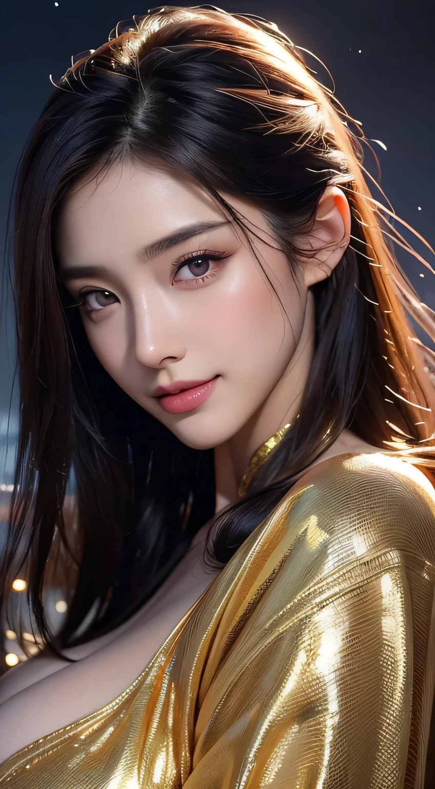 Kimono beauty, body portrait, 8k, thin and beautiful eyes, Dindal effect, masterpiece, top quality, high quality, high resolution, very detailed photo, (natural skin texture, fine skin, hyper realism, super sharpness) , high detail skin, (very fine, fine skin texture, intricate details, beautiful face, (real-like face), realistic eyes, beautifully detailed eyes, realistic skin, beautiful skin, surreal, Highly detailed, golden ratio, smiling eyes, ((night moonlight background)), body portrait, G cup, big breasts, huge breasts, big breasts, glamorous, shiny bodysuit