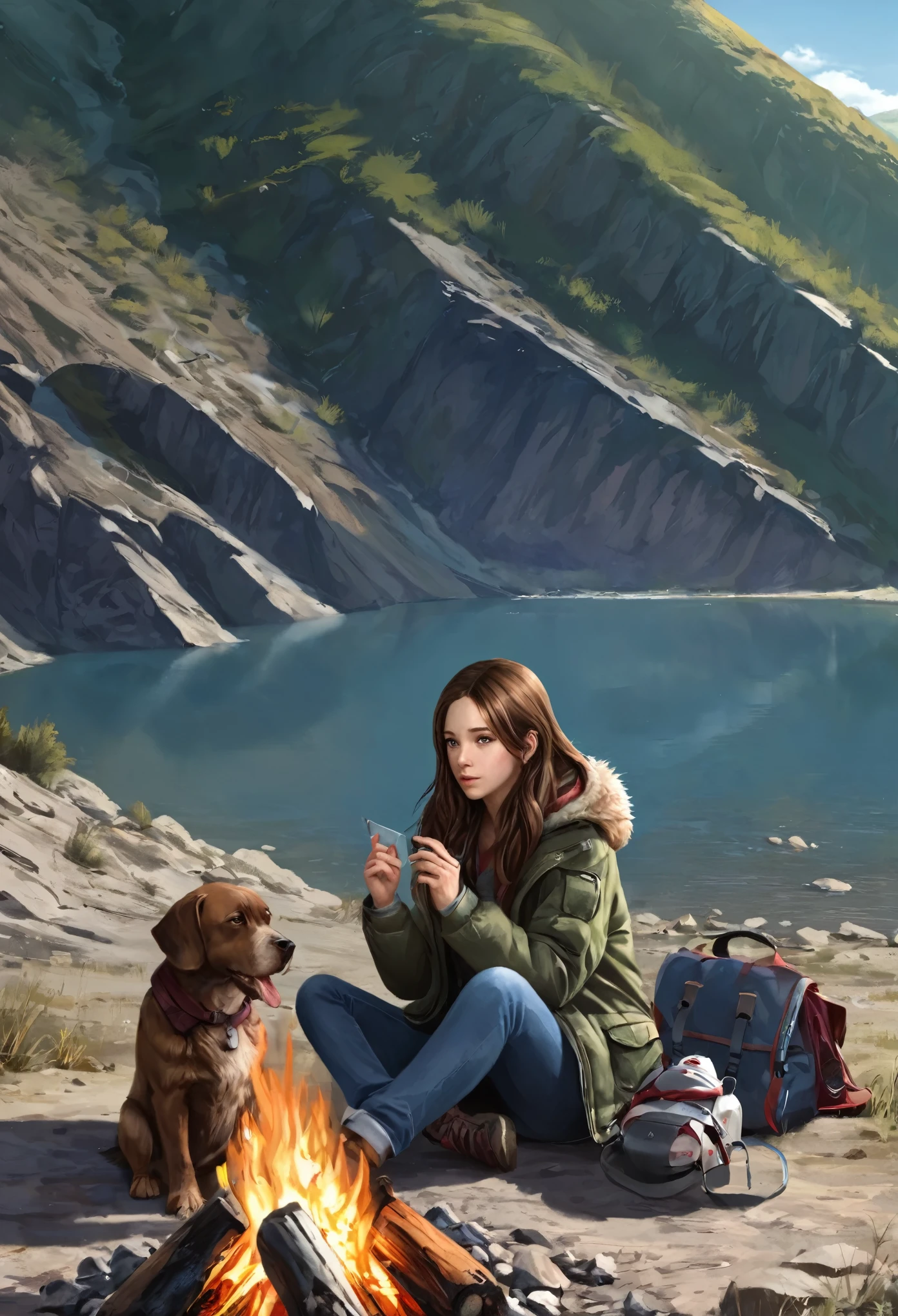 Outdoor Camping, 1girl, solo, long hair, brown hair, long sleeves, holding, fingerless gloves, sitting, jacket, outdoors jacket, coat, animal, a dog, tent, campfire, beside river, mountain, blue sky, day, realistic,