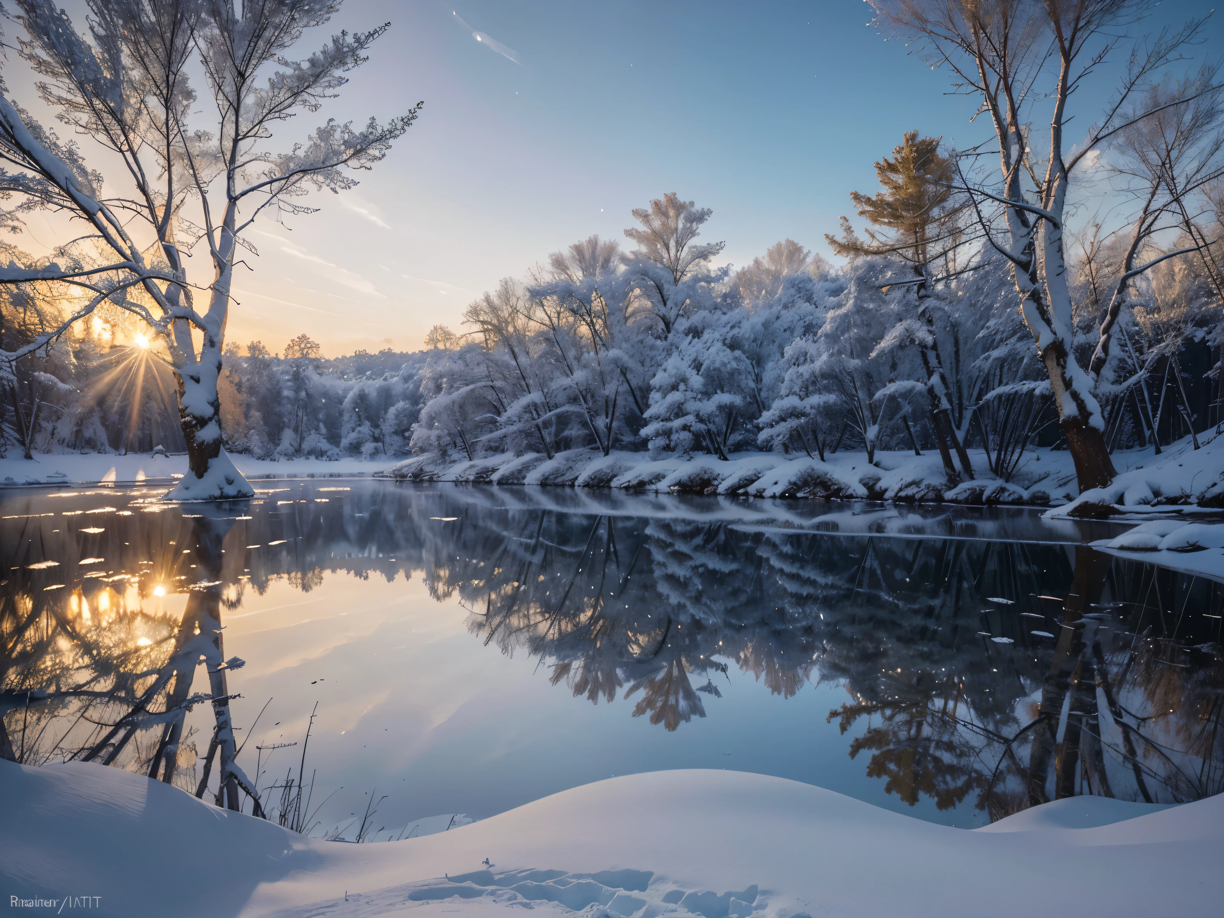 A high resolution,ultra - detailed,offcial art,Unity 8k wallpaper,ultra - detailed,Beauty and aestheticaster masterpieces,best qualtiy,reality, Winter dawn, The trees are covered with ice crystals, The branches are bent due to squeezing,There was fog in the woods,The rising sun,Bring a little golden warmth to a cold winter day,The whole picture is calm and peaceful,(Zen entanglement,Ice and snow,Tangled,entangled),(s fractal art:1.3), (Masterpiece, Best quality, High details), (hdr, HighDynamicRange), rendering by octane, High contrast, Subsurface scattering, radiant light rays, Realistic shadows, Vibrant colors, GLDOT