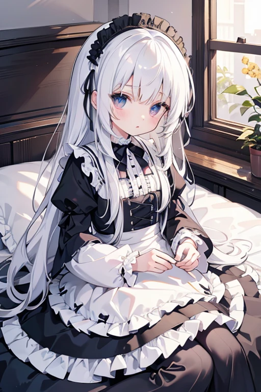 6 years old、Gothic Lolita、White Hair、ribbon、Frills、bed