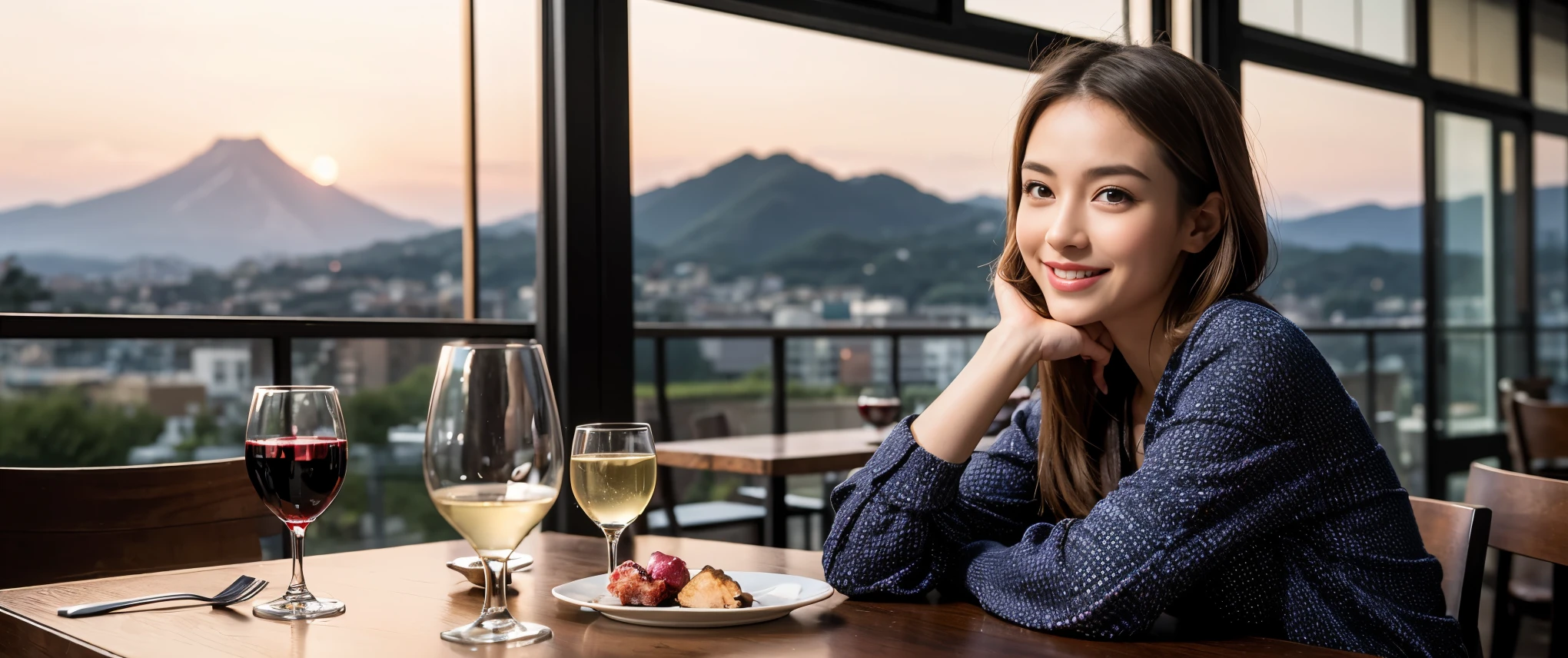 (including k, nffsw, highest quality, table top: 1.2), (realistic, photorealistic: 1.37), Spectacular view of the sunset sky and clouds、Amazing mountain views、long sleeve shirt、winter fashion、Japanese、Dutch、German、Portuguese、Belgian、Italian、French,Champagne、sparkling wine、 (Slim Face), (slim body), (brown hair), (shortcut), neat beauty、cheeks turn a little red, (42 years old), 40 years old, alone, Outside the window, a beautiful and detailed night view unfolds.., restaurant, Wine glass sitting, At night, in a prominent place (from the Upper body) nova frog style, actress, model, Upper body, White wine, slim, wine glass, Super Clean night View, wine glass Put in the Middle, Happy smile, (smile: 1.15), beautiful and detailed eyes, Upper body, bust japan up, night, short, short, actress, model, Upper body, White wine, slim, wine glass, Super Clean night View, wine glass Put in the Middle, Happy smile,