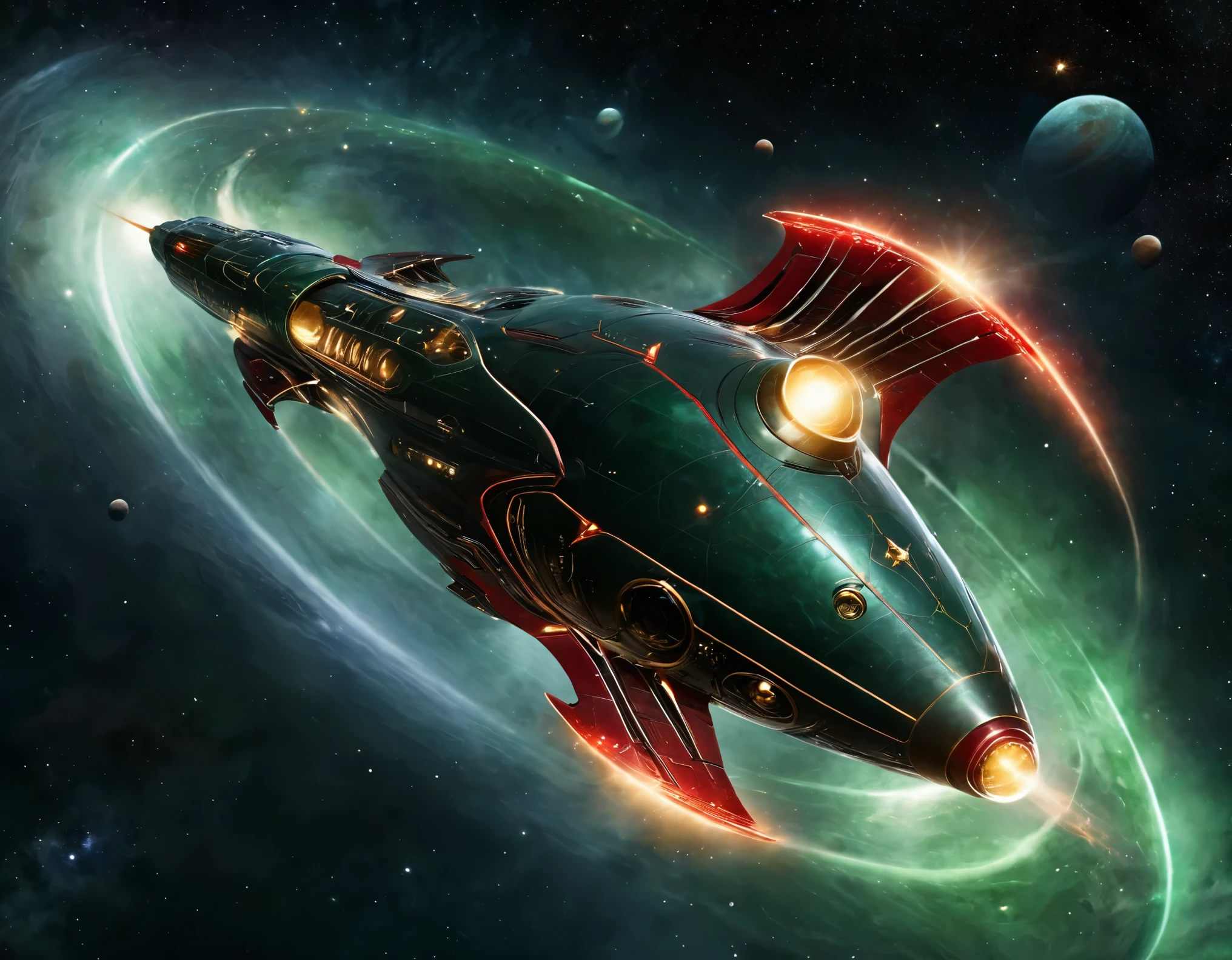 An advanced starship traveling through space, set against a gradient sky of dark green to red with tiny stars. The ship’s sleek design includes a prominent circular front, elongated body, and nacelles, with a metallic finish and bright lights accentuating its futuristic look