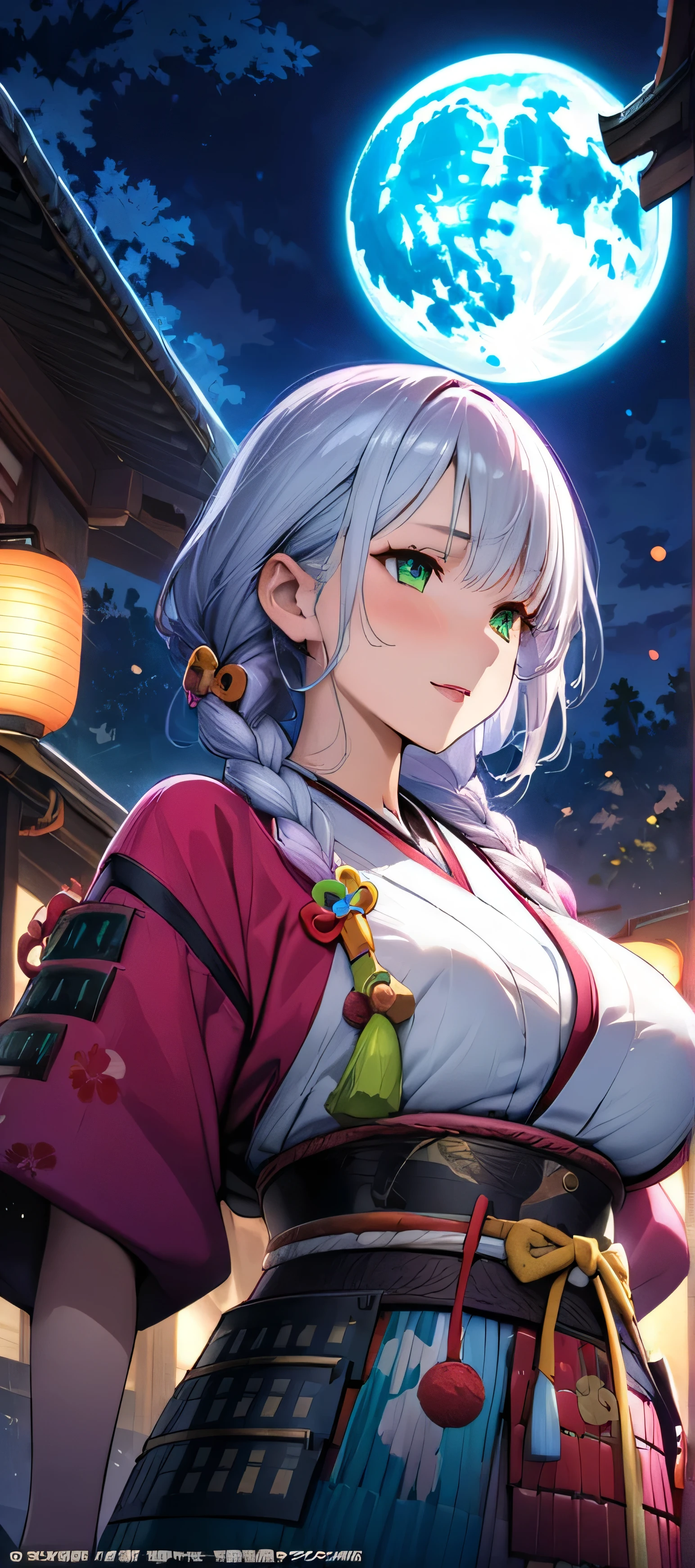 (masutepiece, of the highest quality, Best Quality, Official art, Beautiful and aesthetic:1.2), Extremely detailed,(Colorful:1.1),highest details, one arafed woman with braids white hair and pink tips and green eyes, big breast, sfw, japanese armor, night, big blue moon