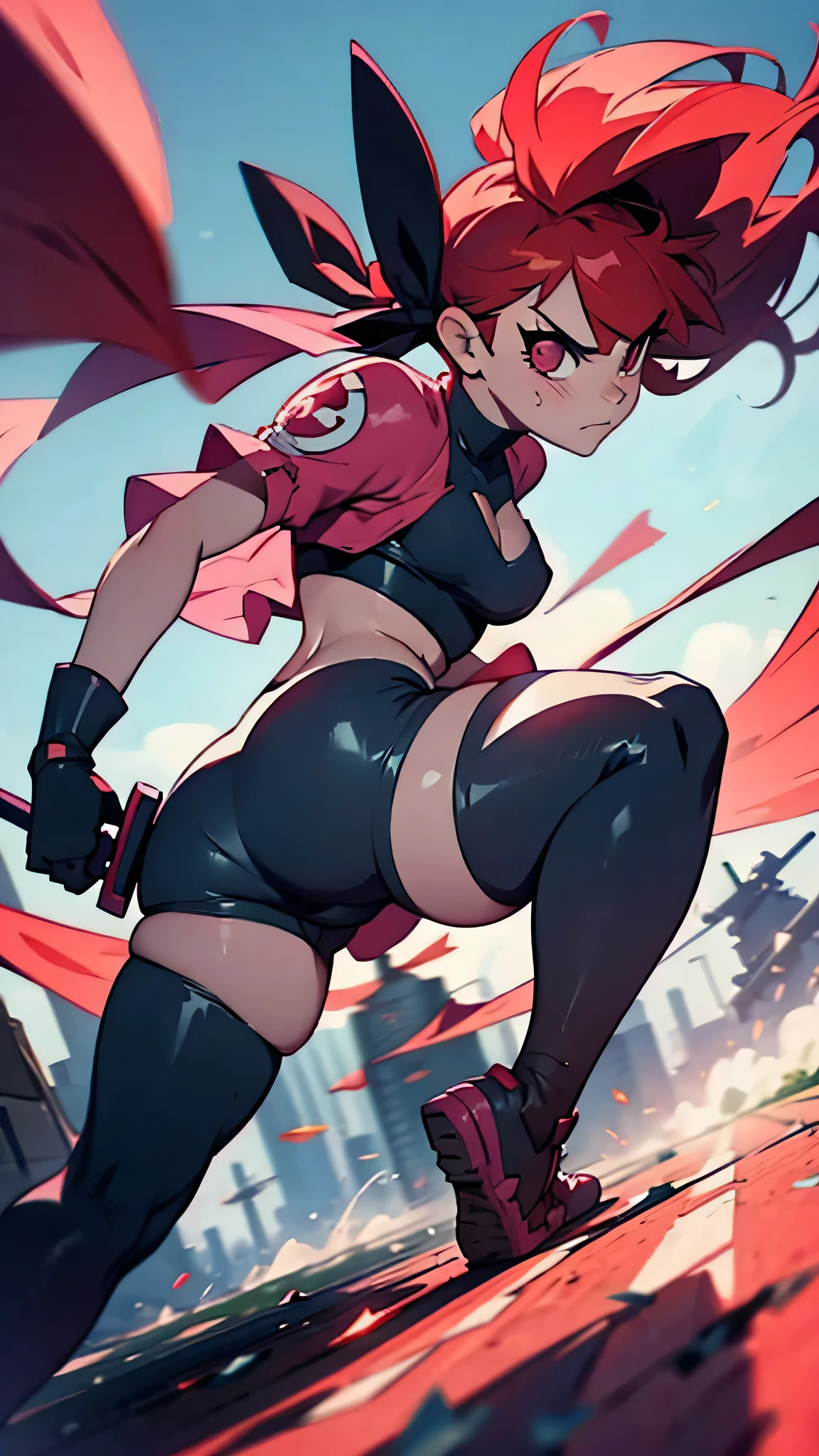 Blossom From Powerpuff Girls as a Violent Mature Themed Action Anime, Red Hair:1.2, Sexy Powerpuff Girls Anime, bloody battle damage and wear, NSFW:1.2, ecchi Damaged and Ripped clothes, pink and black clothes, one nipple revealed through nsfw rips in clothes:1.2