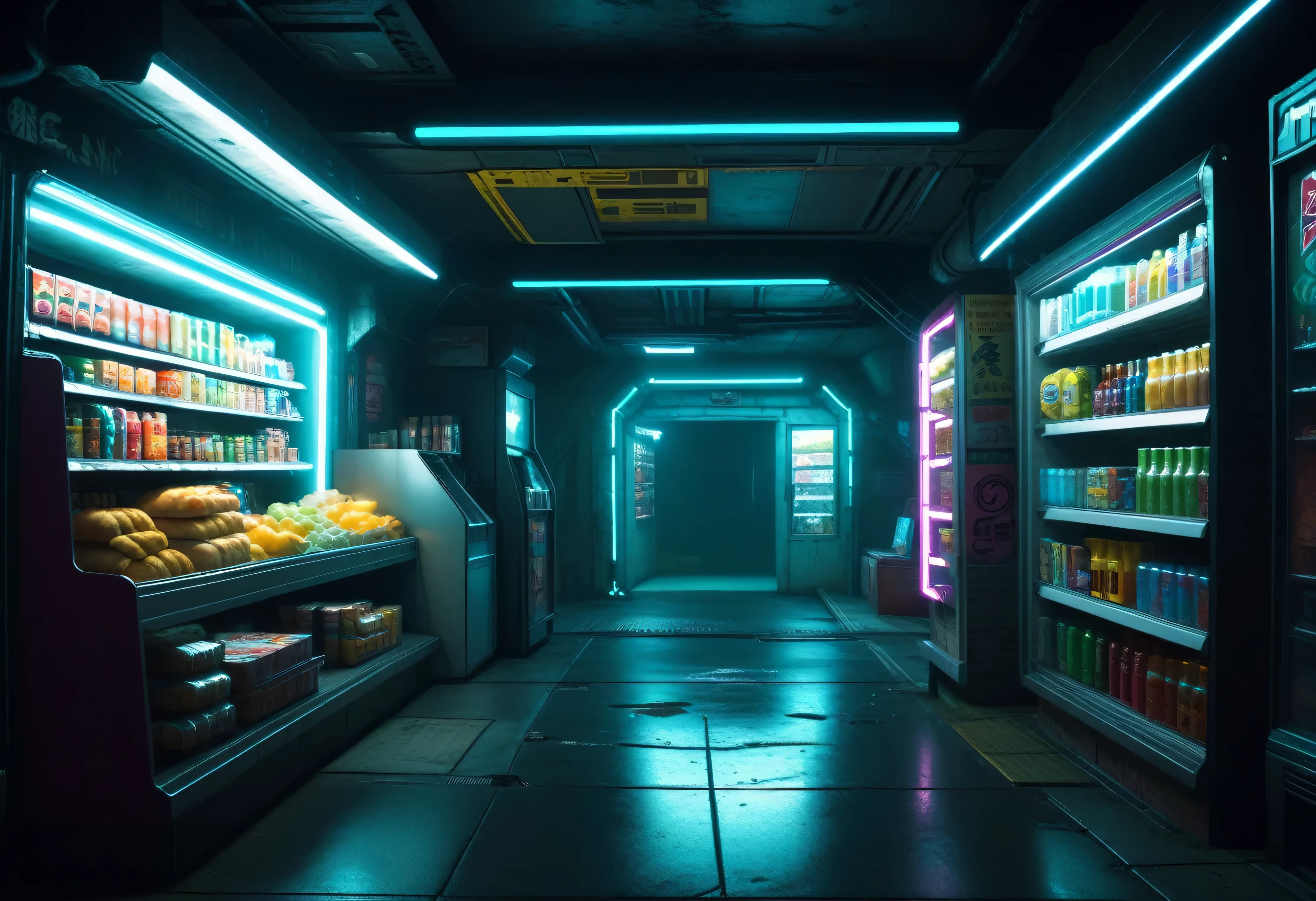 Cyberpunk, midnight convenience store, tunnels and bunker, cinematic frame