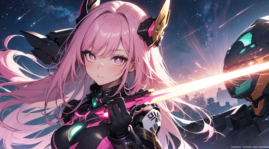 ((masterpiece))) whole body, whole body Shot (One Girl) ((Pink Hair, Long Hair, Straight hair, Both sides up))), ((Green Eyes))), eye shadow, eyeliner, Glow Eye, Hyper Detail Eye, Complex eyes, Beautiful Eyes, Fine grain, (((Star-shaped pupils, Shining pink eyes))) 18-year-old girl. (Wearing a transparent PVC jacket)) huge cool weapon mechanical in hand, huge cool weapon mechanical, Mecha, Mechaanism, mechanical, Open Stance, Coalesce