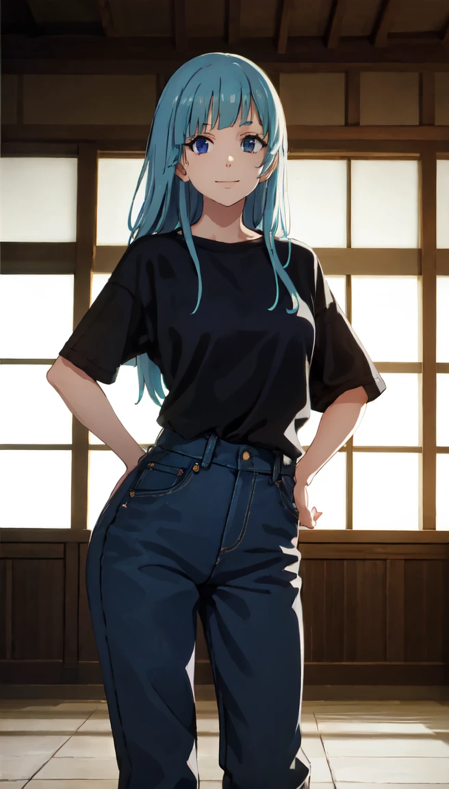photorealistic, (4k), depth of field, (Masterpiece), (realistic skin texture), extremely detailed, intricate, hyper detailed, professional photography, bokeh, high resolution, sharp detail, best quality, girl, long hair, aqua hair, blunt bangs, blue eyes, dynamic pose, baggy graphic tshirt, beautiful thighs, colarbone, indoors, (facing viewer), looking at viewers, large breasts,kasumi, miwa, kasumi miwa, hands on hips leaning forward, downblouse, smiling, jeans, waist high jeans, long pants