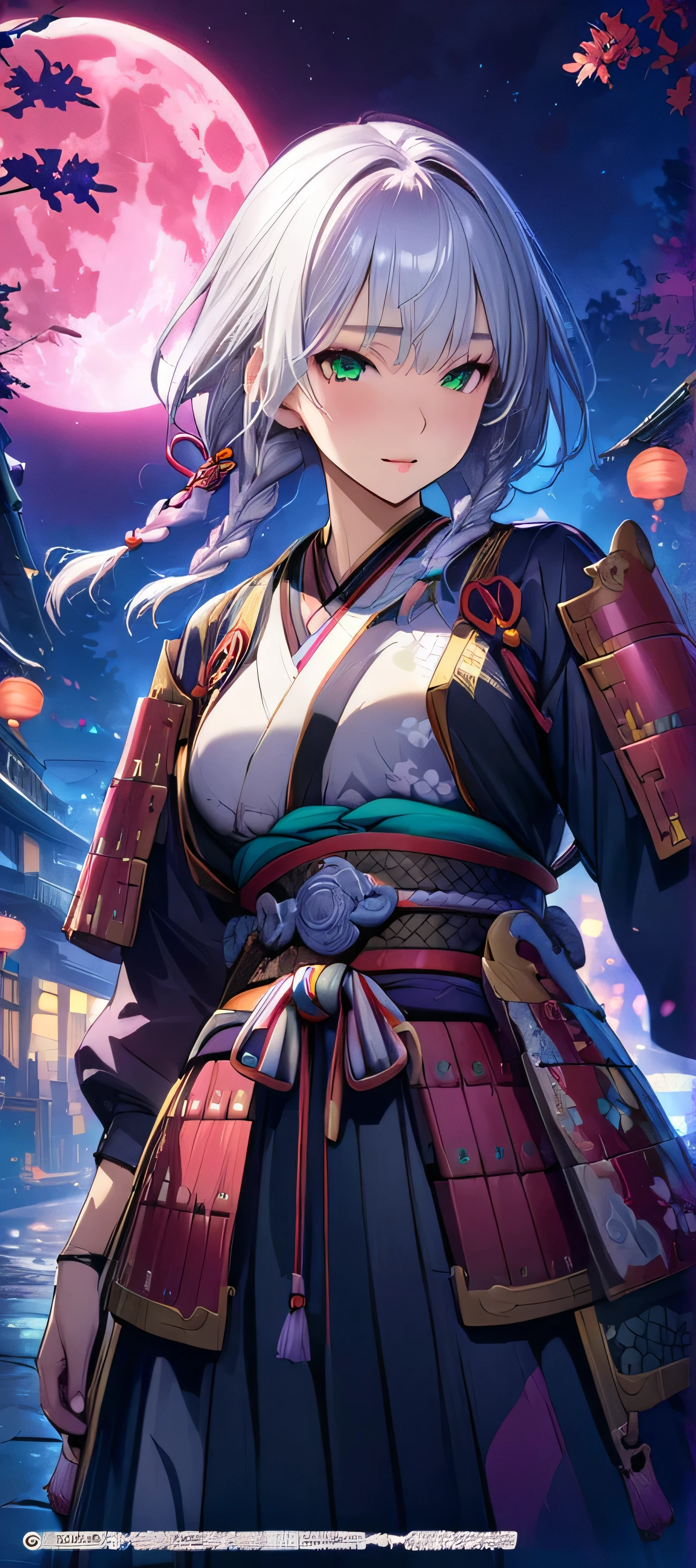 (masutepiece, of the highest quality, Best Quality, Official art, Beautiful and aesthetic:1.2),  Extremely detailed,(Colorful:1.1),highest details, one arafed woman with braids white hair and pink tips  and green eyes, big breast, sfw, japanese armor, night, big blue moon