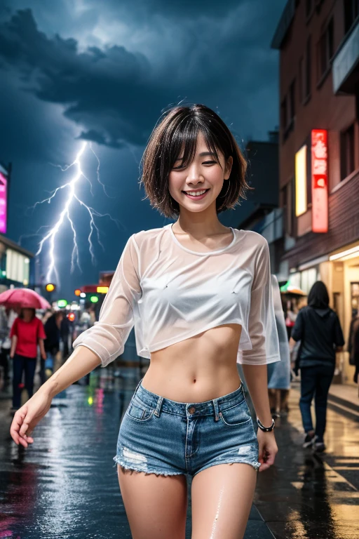 1 Japanese beautiful girl,28yo girl, Super beautiful detailed face, (smile:1.4), earrings, (brown very short pixie hair over one eye with parted bangs:1.3),(front view), (medium shot), (chubby body), (neutral-colored large areola),nipples, BREAK, masterpiece, best quality, ultra quality, high quality, realistic, photo realistic, RAW photo, hyper detailed, intricate detaile,(crowded street:1.3),cinematic lighting,(denim shorts),(no bra),wetshirt,white T-shirt,(wet hair),(wet clothes), ((dark cloud and sky)), raining, (rain filtered), (rain splashes in water),(lightning:1.3),(raindrops:1.1),(downpour:1.2),(raining:1.3),(nipples poking through shirt),
