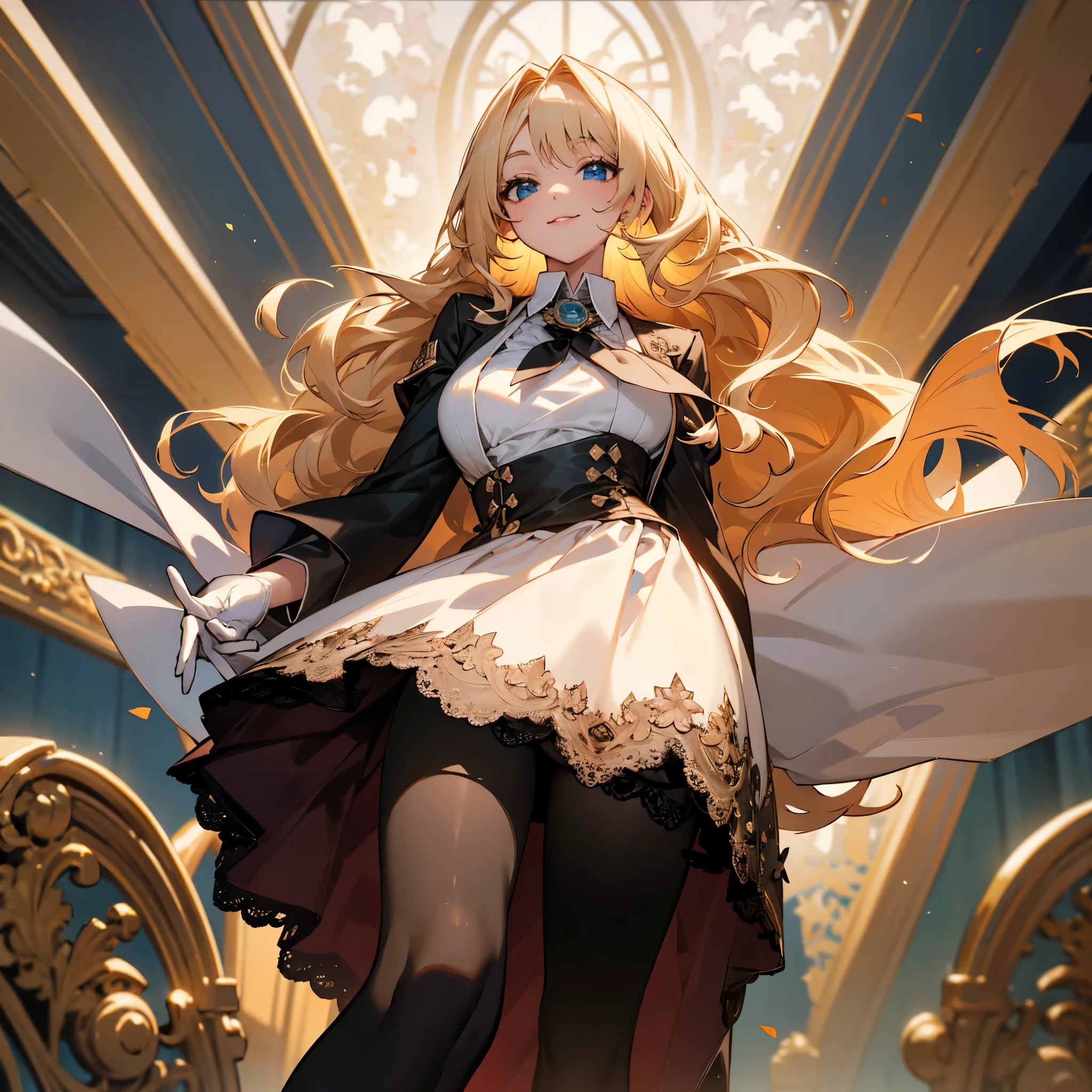 Blonde woman, 28 years old, calm blue eyes, charismatic and welcoming smile, large bust, Brown skirt just below the knee, black tights, white dress shirt, long hair, Short white glove with lace close to the wrist, green brooch on her neck, In the party room of a mansion, holding a red rose in front of her chest in her right hand, her cheeks slightly pink.