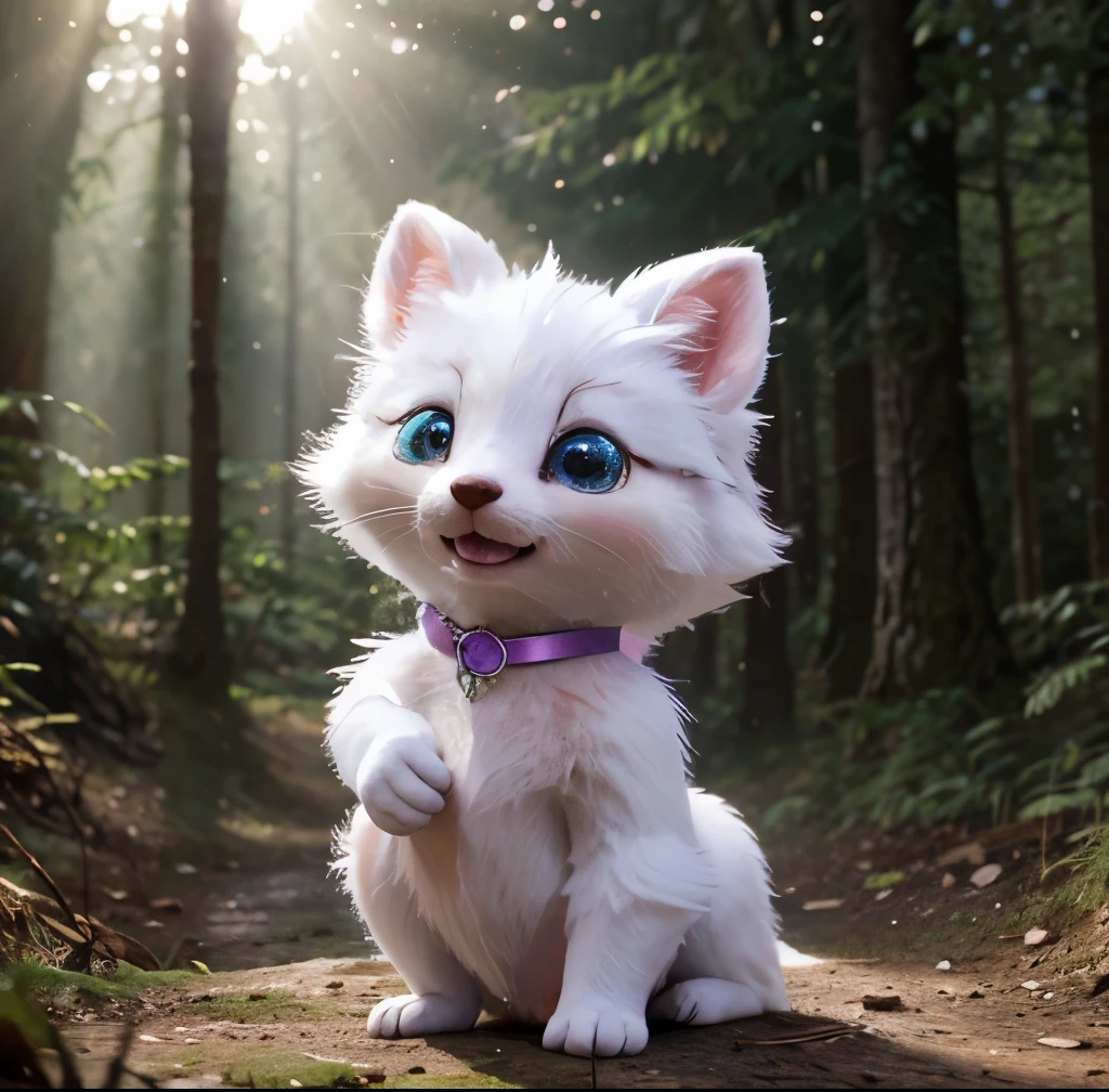 super deformed, 3D, furry, funny, best quality, super fine, 16k, white fluffy cute weasel, surprised expression, cute pose, in the forest, fantasy world image, variety of visual styles that combine various artistic elements like a sparkling iridescent pastel and vivid colors