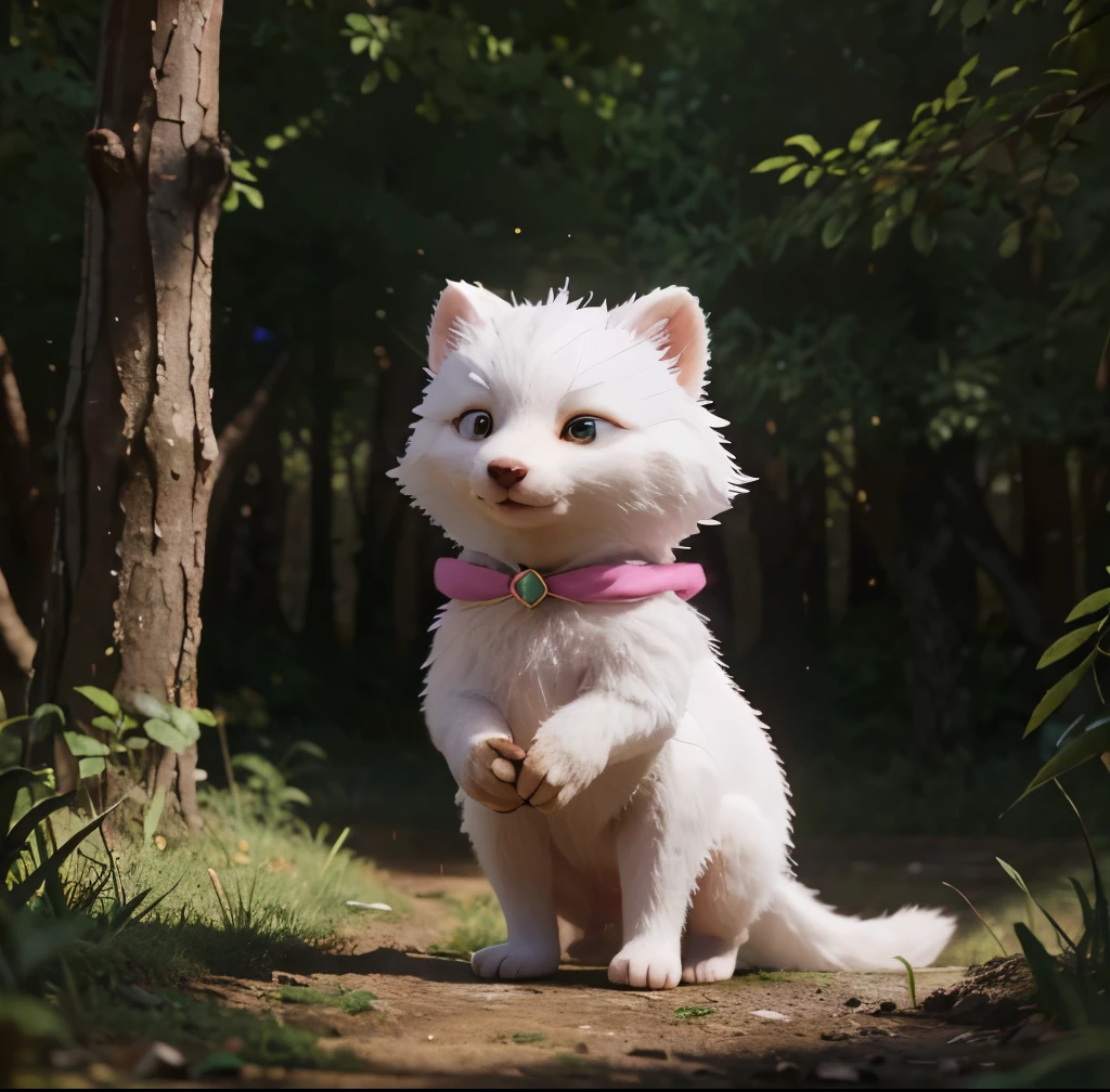super deformed, 3D, furry, funny, best quality, super fine, 16k, white fluffy cute weasel, surprised expression, cute pose, in the forest, fantasy world image, variety of visual styles that combine various artistic elements like a sparkling iridescent pastel and vivid colors