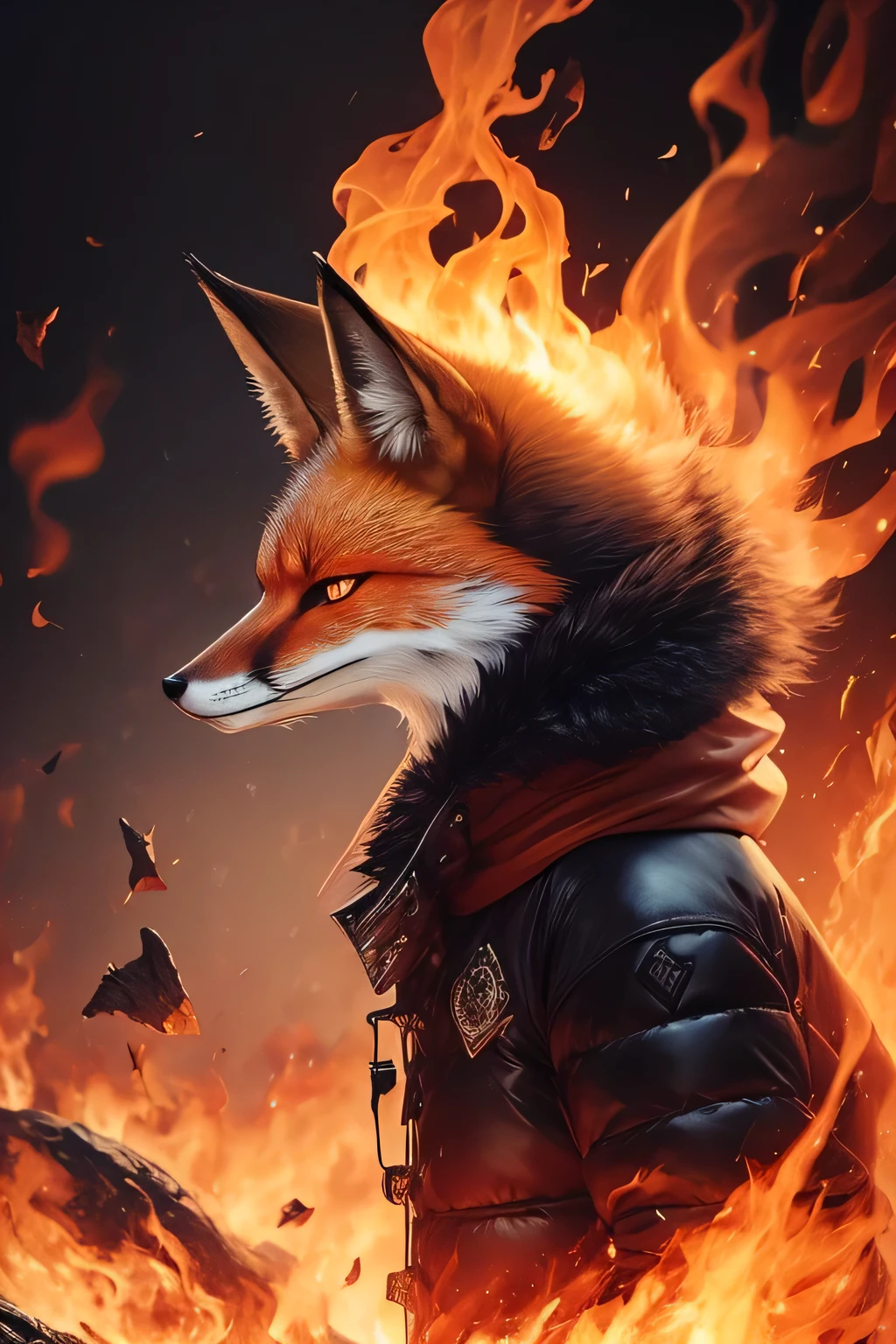 Fox Demon,animal,Down Jackets,Foxfire Curse,Familiar fox,Dreamy atmosphere,The most beautiful form of chaos,Perfect profile,masterpiece,Perfect lighting,Charming smile,grace,Handsome,Down Jackets comes with fire effects,Looking at the flame in one hand with infatuation,