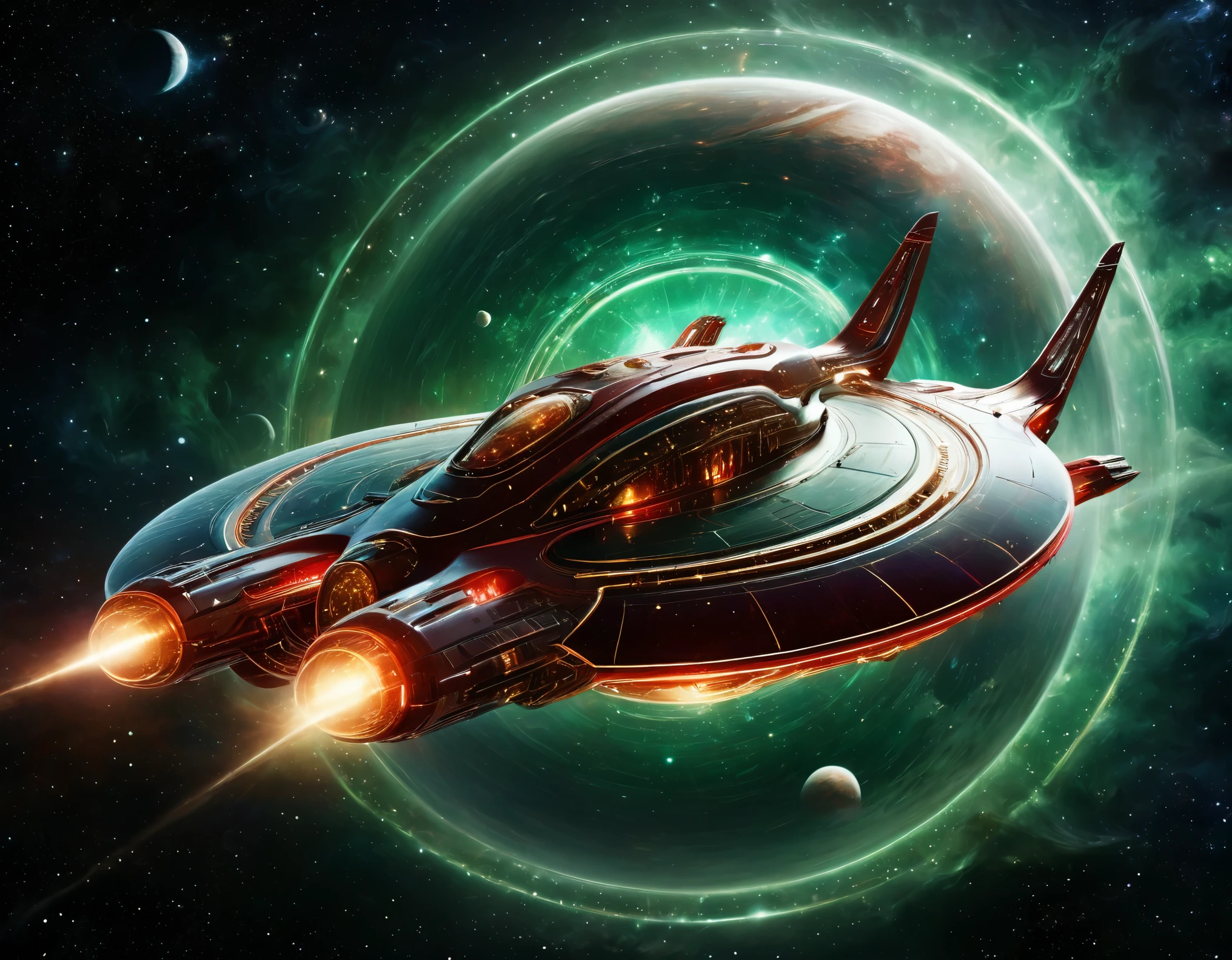 A futuristic starship gliding through a starry cosmic background, transitioning from green to red hues. The starship features a circular saucer section, an elongated body, and engine-like nacelles, with a detailed metallic exterior and vibrant lights.