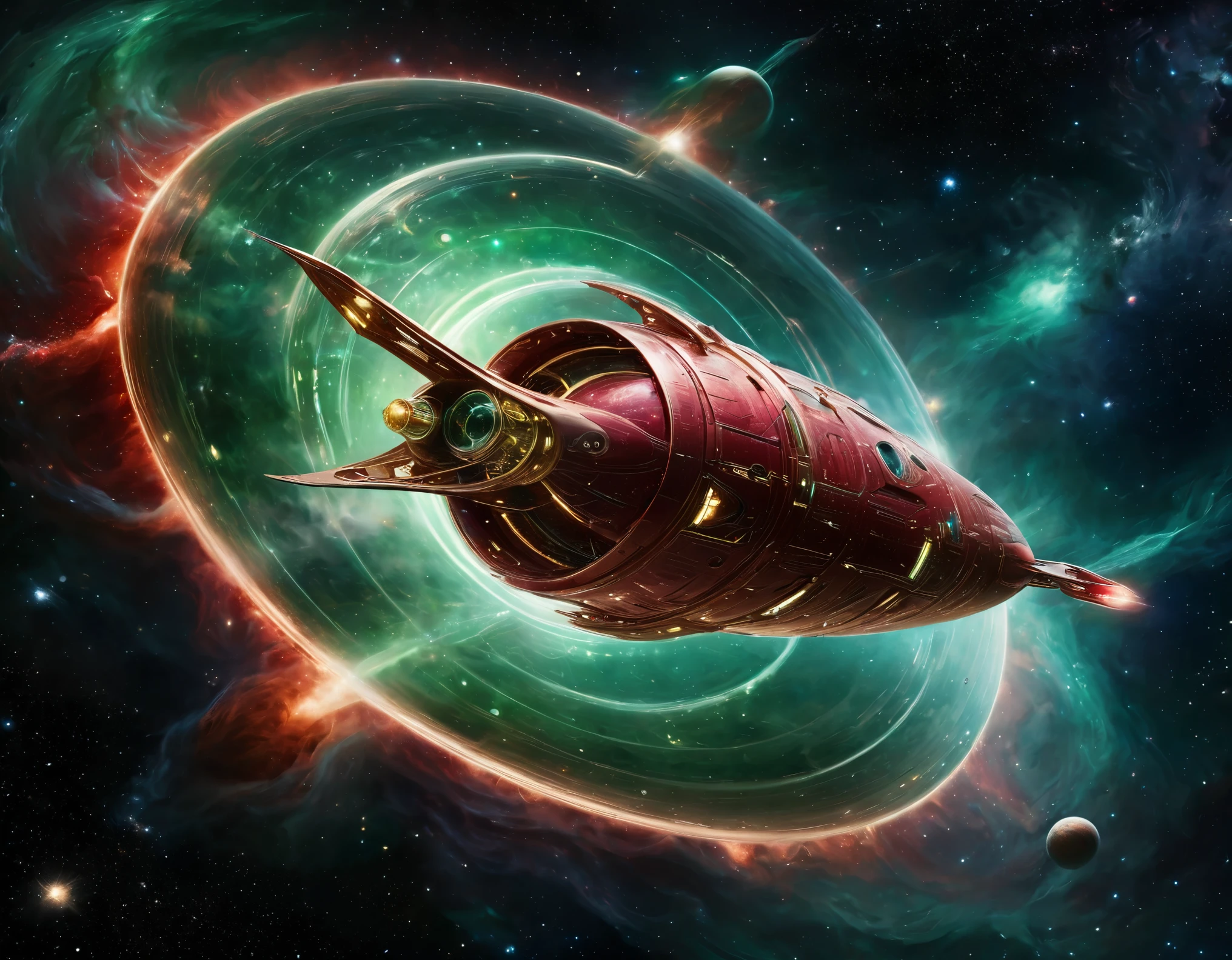 A futuristic starship gliding through a starry cosmic background, transitioning from green to red hues. The starship features a circular saucer section, an elongated body, and engine-like nacelles, with a detailed metallic exterior and vibrant lights.