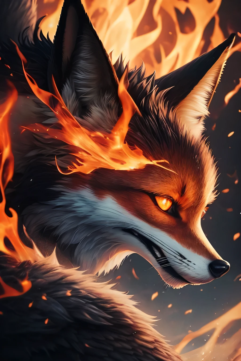Fox Demon,animal,Down Jackets,Foxfire Curse,Familiar fox,Dreamy atmosphere,The most beautiful form of chaos,Perfect profile,masterpiece,Perfect lighting,Charming smile,grace,Handsome,Down Jackets comes with fire effects,Looking at the flame in one hand with infatuation,