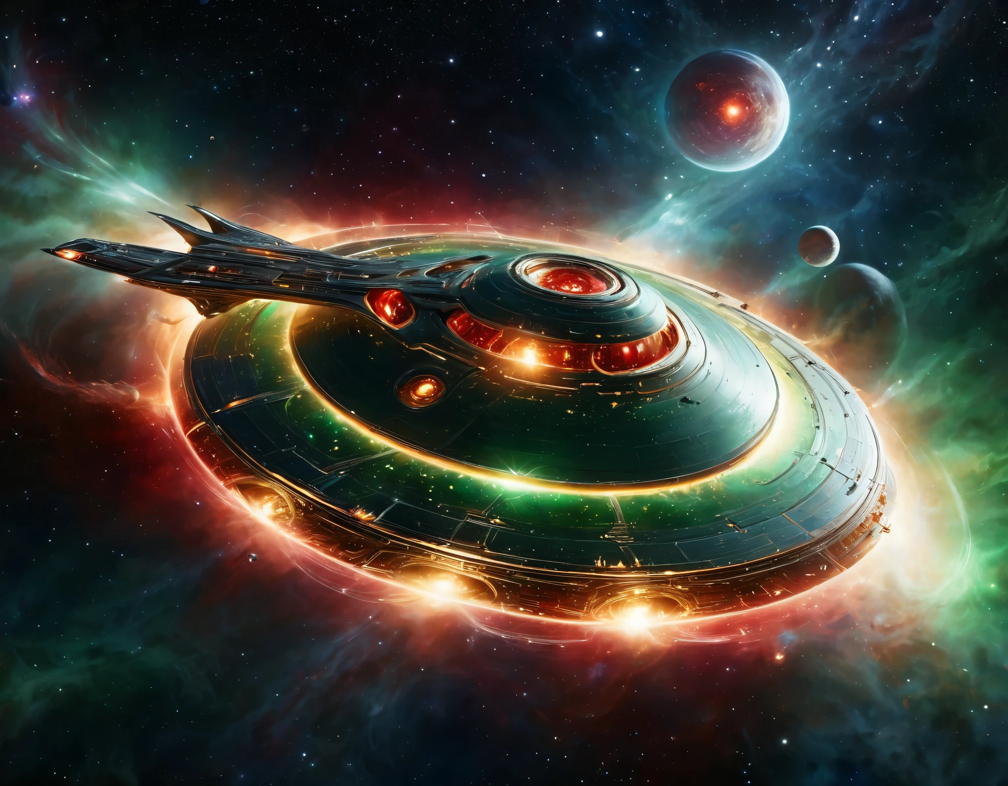 A futuristic starship gliding through a starry cosmic background, transitioning from green to red hues. The starship features a circular saucer section, an elongated body, and engine-like nacelles, with a detailed metallic exterior and vibrant lights.