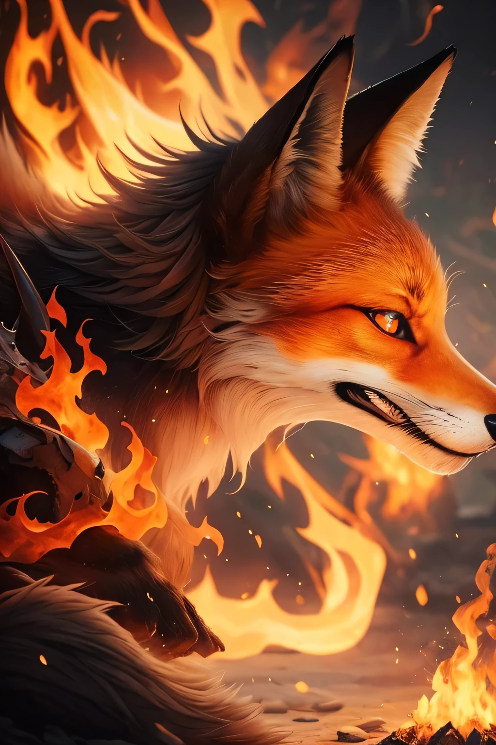 Fox Demon,animal,Down Jackets,Foxfire Curse,Familiar fox,Dreamy atmosphere,The most beautiful form of chaos,Perfect profile,masterpiece,Perfect lighting,Charming smile,grace,Handsome,Down Jackets comes with fire effects,Looking at the flame in one hand with infatuation,