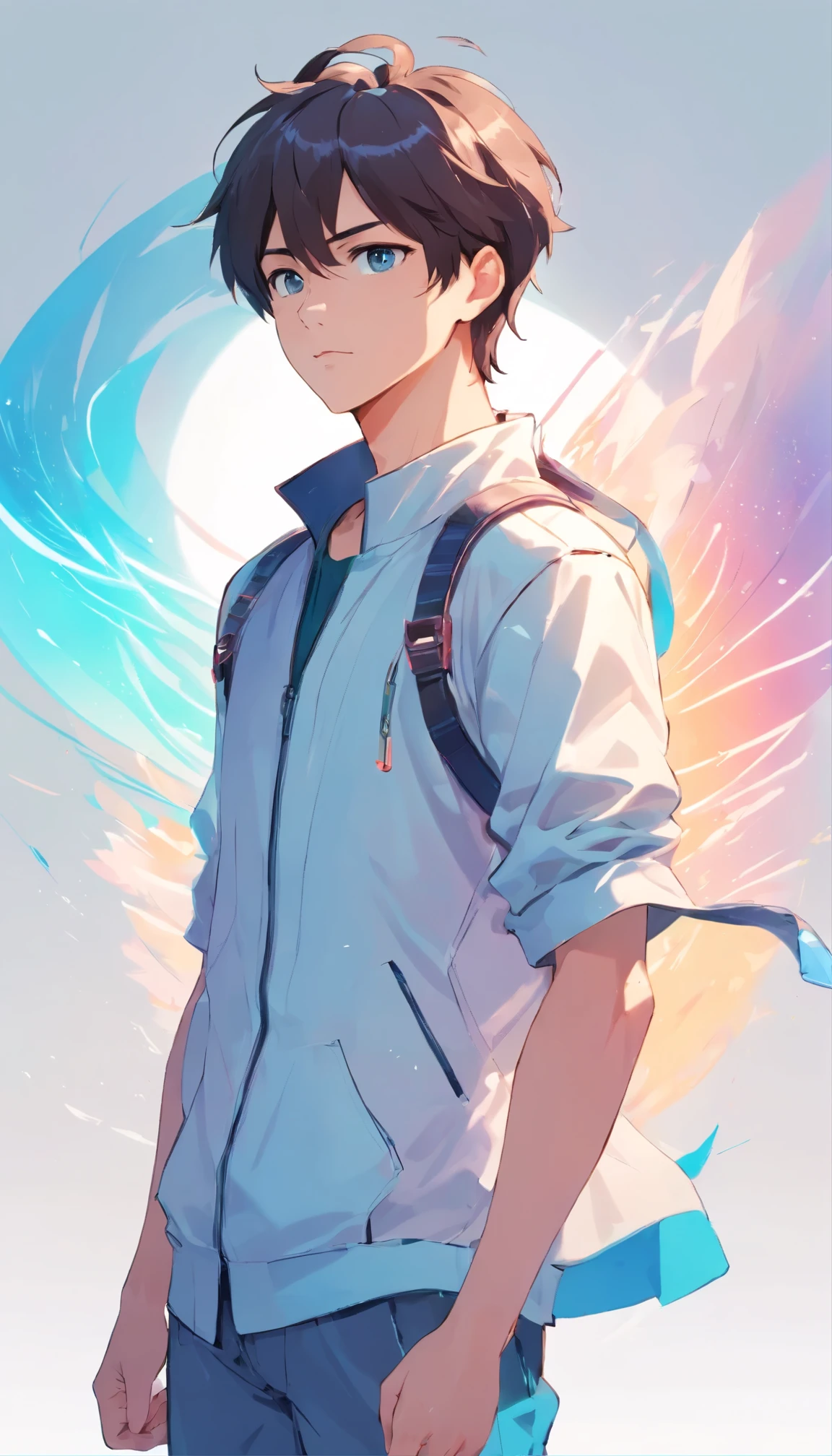 Male model wearing futuristic clothing, [white background], Detailed facial expression, beautiful pupils, pastel tone shadows, gradient lighting, Full-body depiction