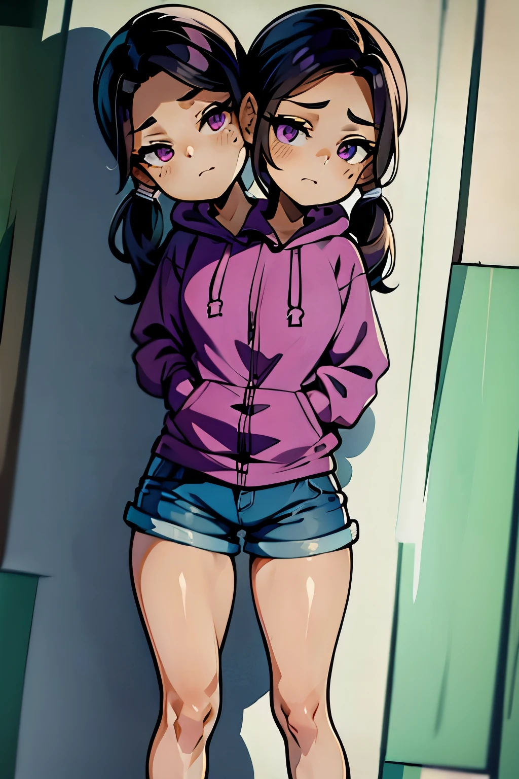 conjoined, 2heads, girl with two heads instead of one, 2head, cuerpo curvilineo, brazos curvilineos, usando shorts, ropa abrigada, piernas curvilineas, anime cartoon, using a purple hoodie, each head has a ponytail, anatomia proporcionada, torso ancho, pechos medianos
