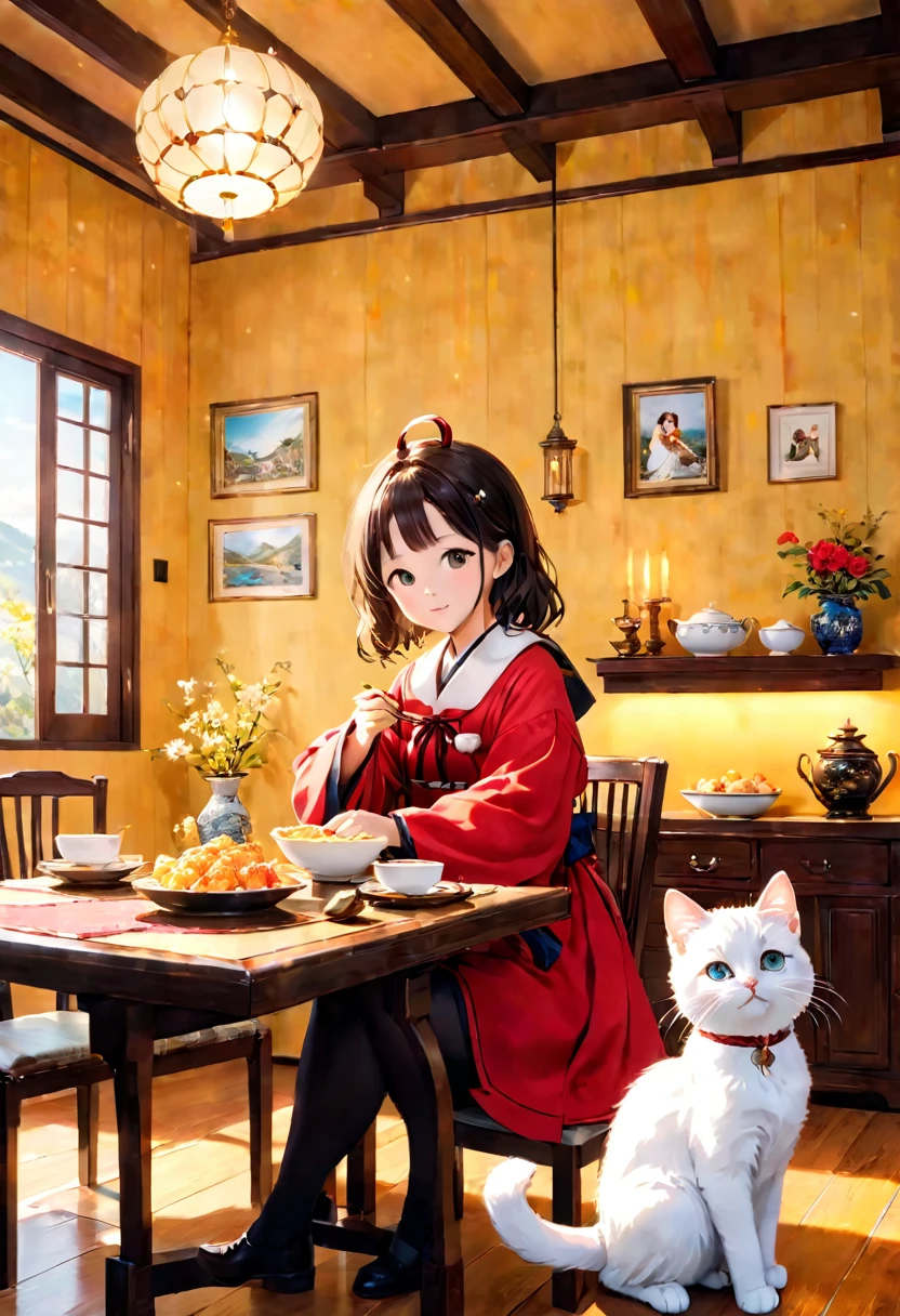 (Panorama, center, masterpiece, highest quality: 1.2), (8K, Raw photo, highest quality), ((masterpiece:1.2)), Realistic, Ultra-high resolution, High Contrast, Photon Mapping, Bright colors, Real, Ultra-detailed, Very detailed, Raw photo, Genuine, Official Art, RAW Photos, Professional Lighting, Light, Professional Writing, twiceLight, Vivid atmosphere, High-definition CG, Unity8k), Matsumoto Izumikaze, A girl in a high  and a white kitten、Eating in the living room。A warm light envelopes a girl and a kitten.、The atmosphere is fun, friendly and safe。On the dining table、A lineup of homemade dishes、enjoying。The interior of the house、Beautifully appointed、It creates a peaceful atmosphere。Family photos and memorabilia on the walls々Decorated with、You can feel the family history and ties.。There&#39;s a fire in the fireplace、The warmth spreads throughout the house.。There are plants in the living room、You can feel the vitality of nature。Outside the window、There is a beautiful garden。Colorful flowers bloom in the garden、I can see the little birds chirping。Family ties in nature are emphasized、It gives a sense of the beginning and growth of life.。The home is a sacred place.、By valuing time with family、It symbolizes a day of peace of mind and fulfillment.。Captivating natural beauty,Shining Star Fragment, An atmosphere that exudes the excitement of adventure。An atmosphere that makes you feel happy and joyful。High Fantasy Worldview,　A magnificent compositionや比率が美しく描写, Guardian nebula of rainbow light and silvery vapor, Corrosive Encirclement Ray Family Color, Slimy air, A magnificent composition, Epic proportions,