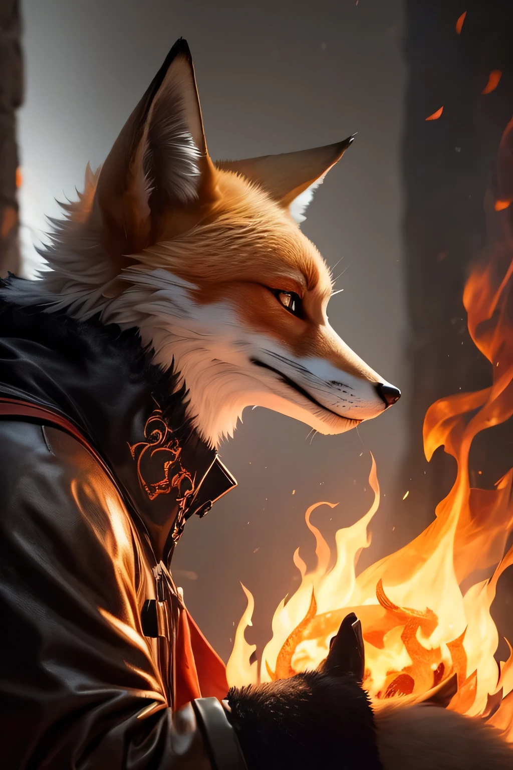 Fox Demon,animal，Down Jackets,Foxfire Curse,Familiar fox,Dreamy atmosphere,The most beautiful form of chaos,Perfect profile，masterpiece,Perfect lighting,Charming smile，grace，Handsome，Down Jackets comes with fire effects，Looking at the flame in one hand with infatuation，