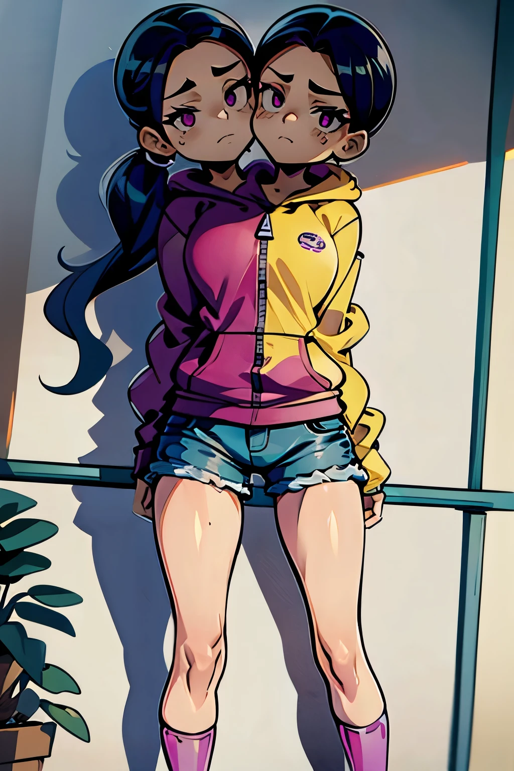 conjoined, 2heads, girl with two heads instead of one, 2head, cuerpo curvilineo, brazos curvilineos, usando shorts, ropa abrigada, piernas curvilineas, anime cartoon, using a purple hoodie, each head has a ponytail, anatomia proporcionada, torso ancho, pechos medianos
